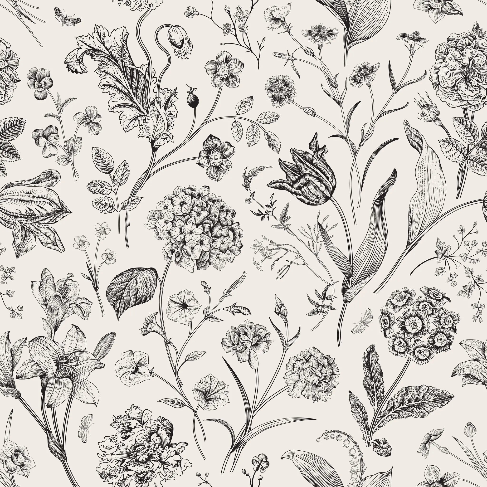 Black and white floral pattern on a light background
