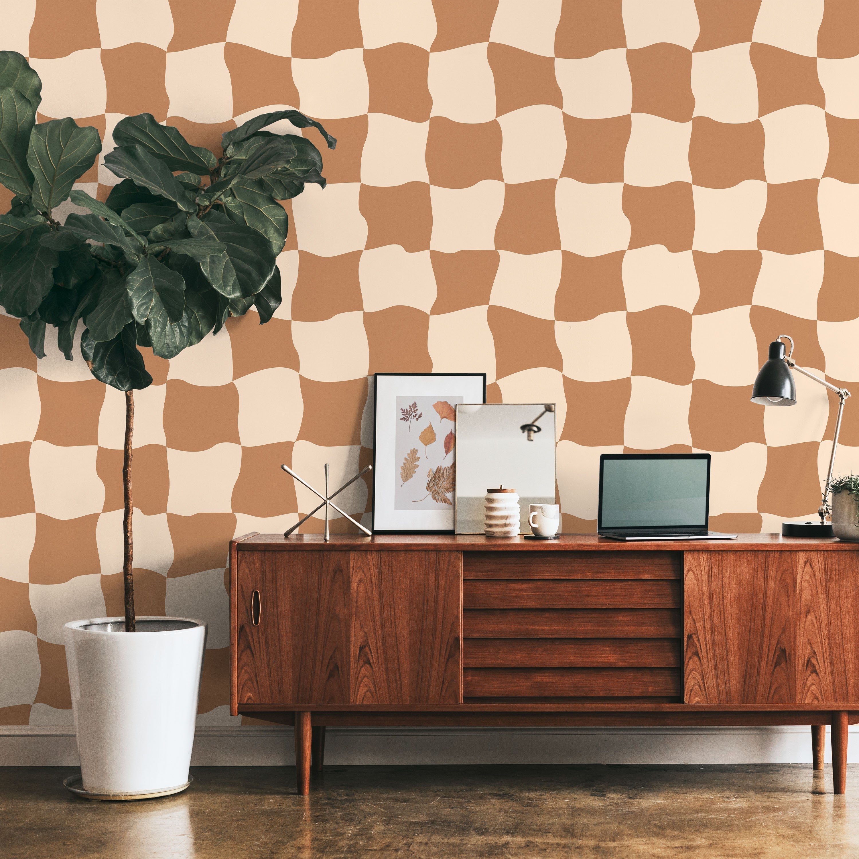 Wavy Squares Peel and Stick Wallpaper, Removable Wallpaper, Traditional Wallpaper - Orange | DeccoPrint
