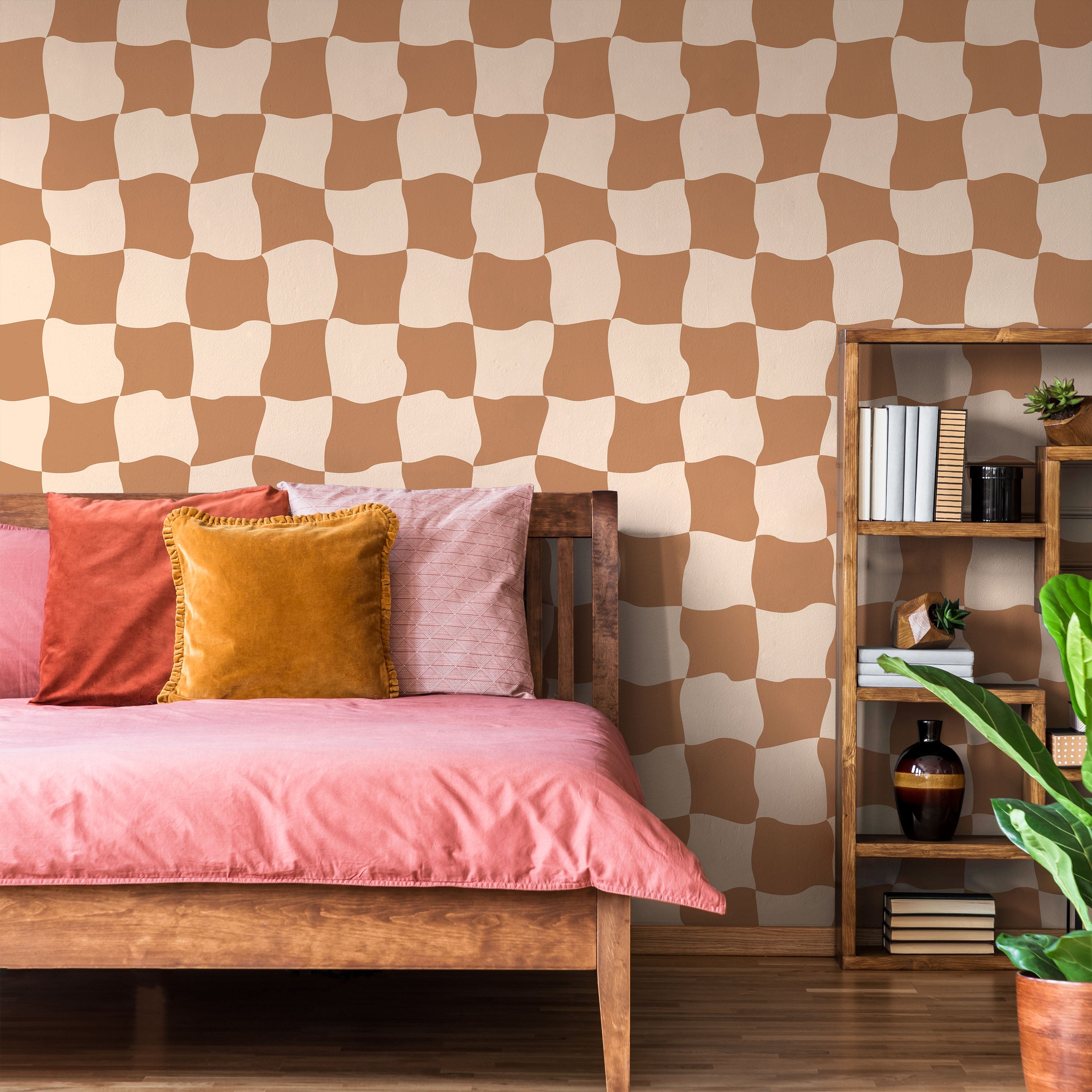 Wavy Squares Peel and Stick Wallpaper, Removable Wallpaper, Traditional Wallpaper - Orange | DeccoPrint