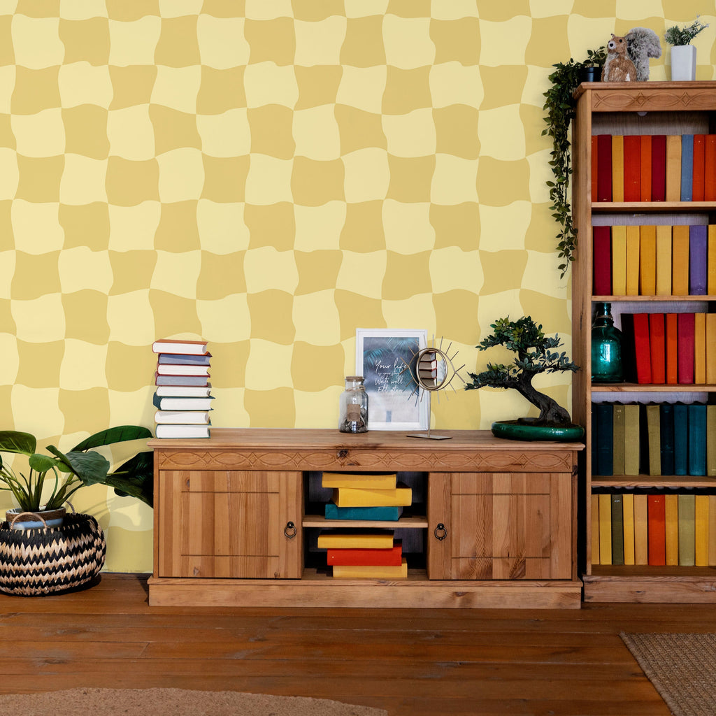 Wavy Squares Peel and Stick Wallpaper, Removable Wallpaper, Traditional Wallpaper - Yellow | DeccoPrint