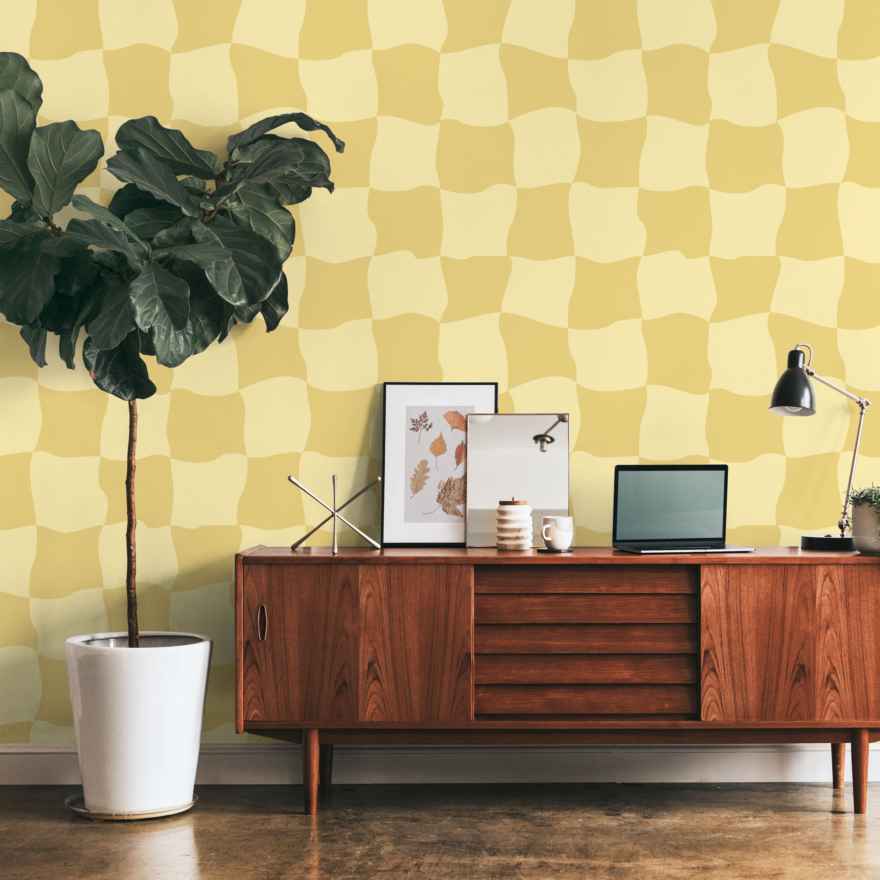 Wavy Squares Peel and Stick Wallpaper, Removable Wallpaper, Traditional Wallpaper - Yellow | DeccoPrint