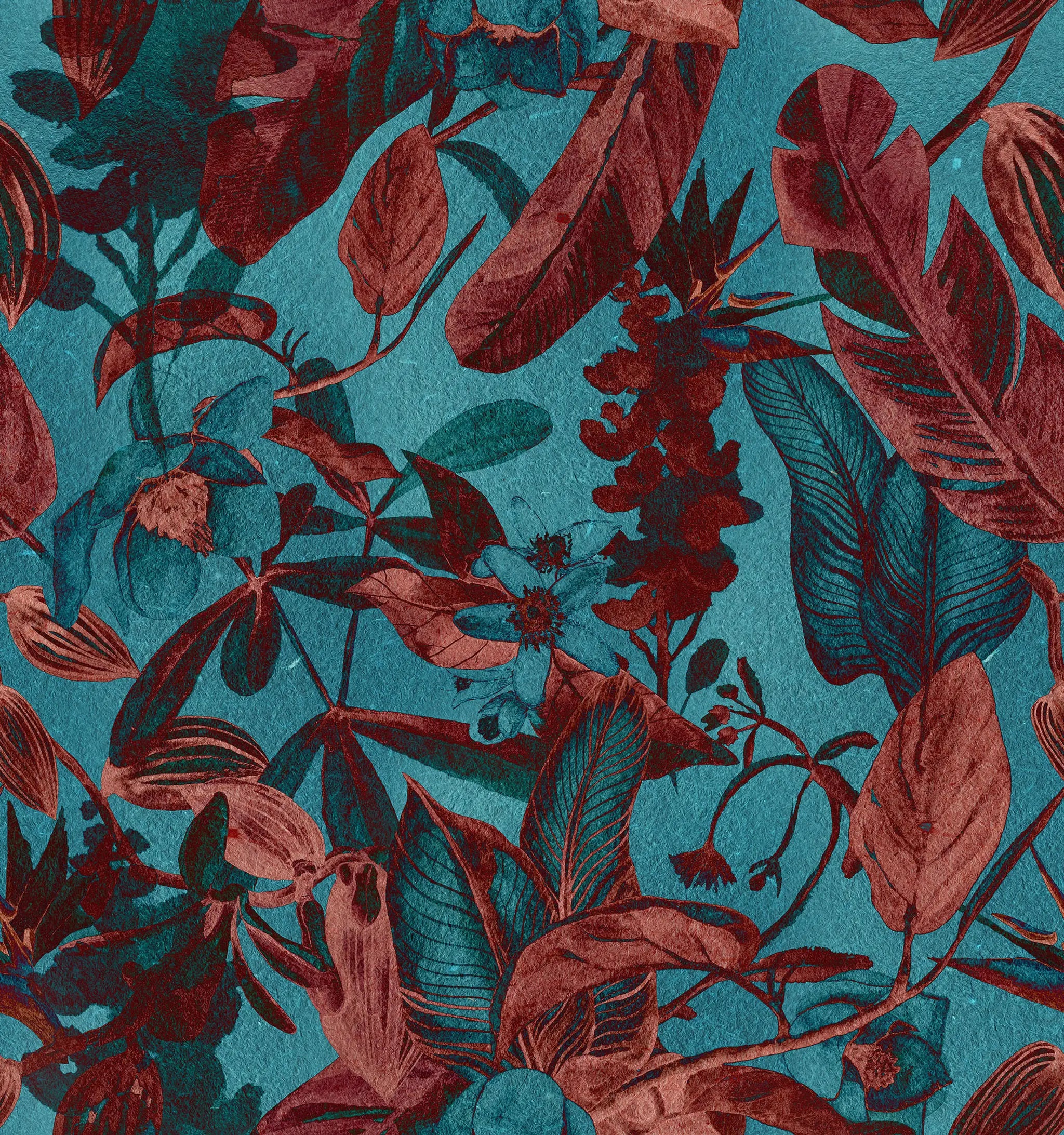 Patterned fabric with red and green leaves on a blue background