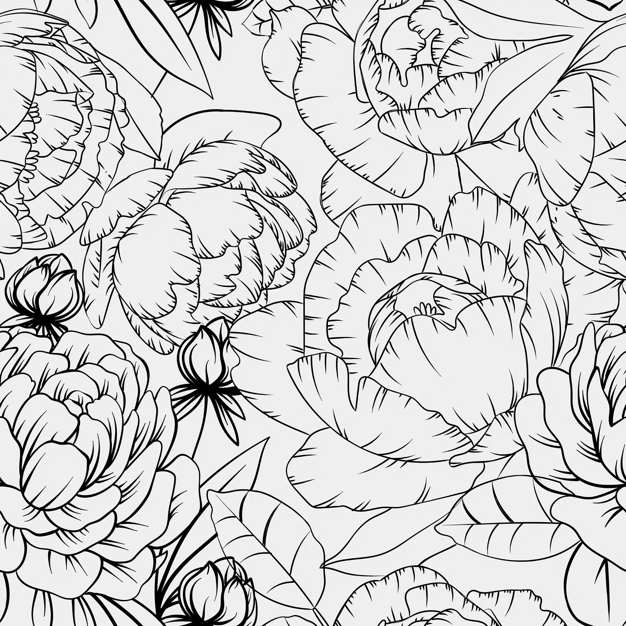 Black and white floral pattern with detailed flowers and leaves