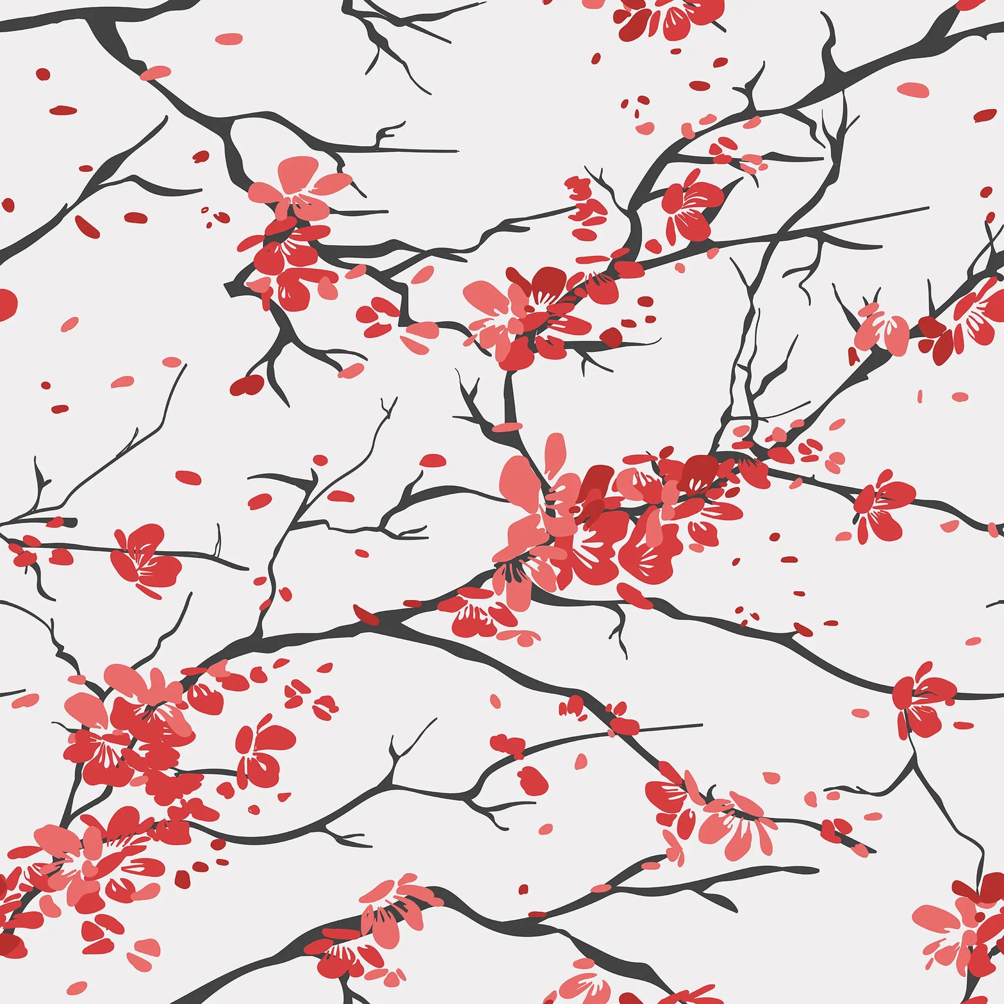 Cherry blossom pattern with red flowers and black branches on a white background