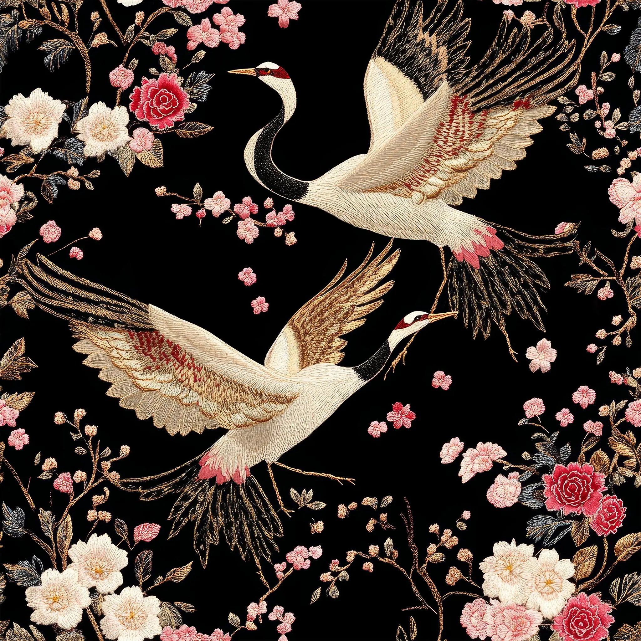Embroidered design of cranes and flowers on a black background