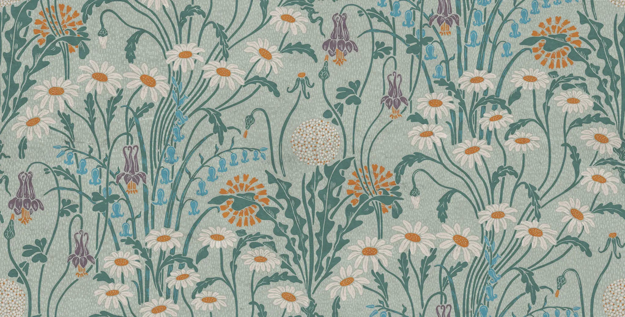 Floral pattern with daisies and other flowers on a green background