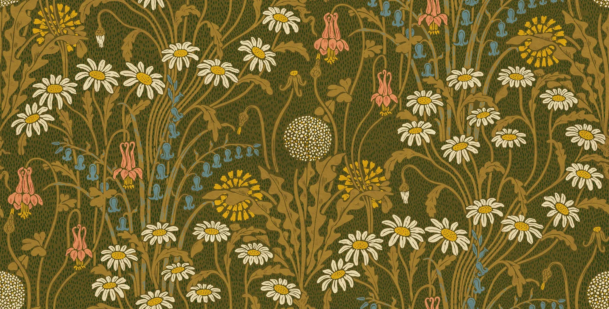 Floral pattern with daisies and other flowers on a green background