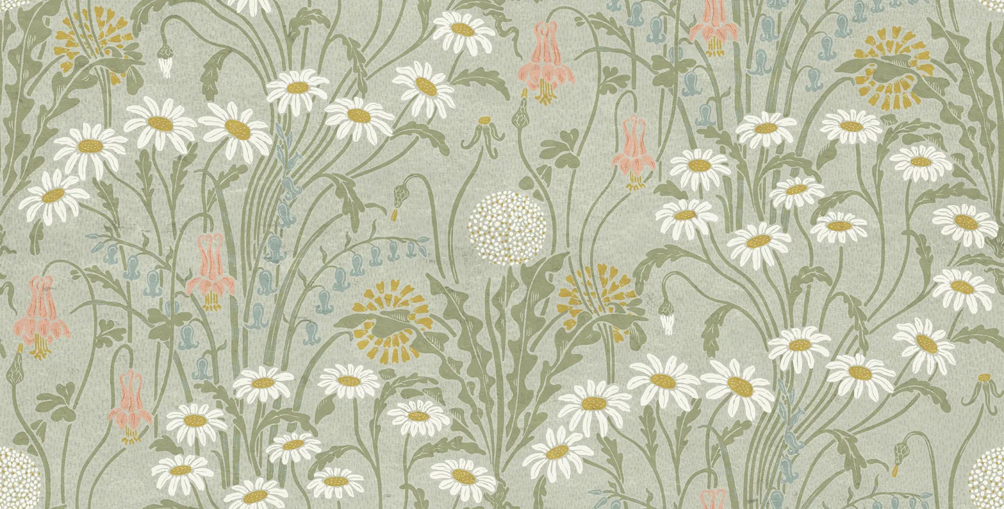 Floral pattern with daisies and other flowers on a light gray background