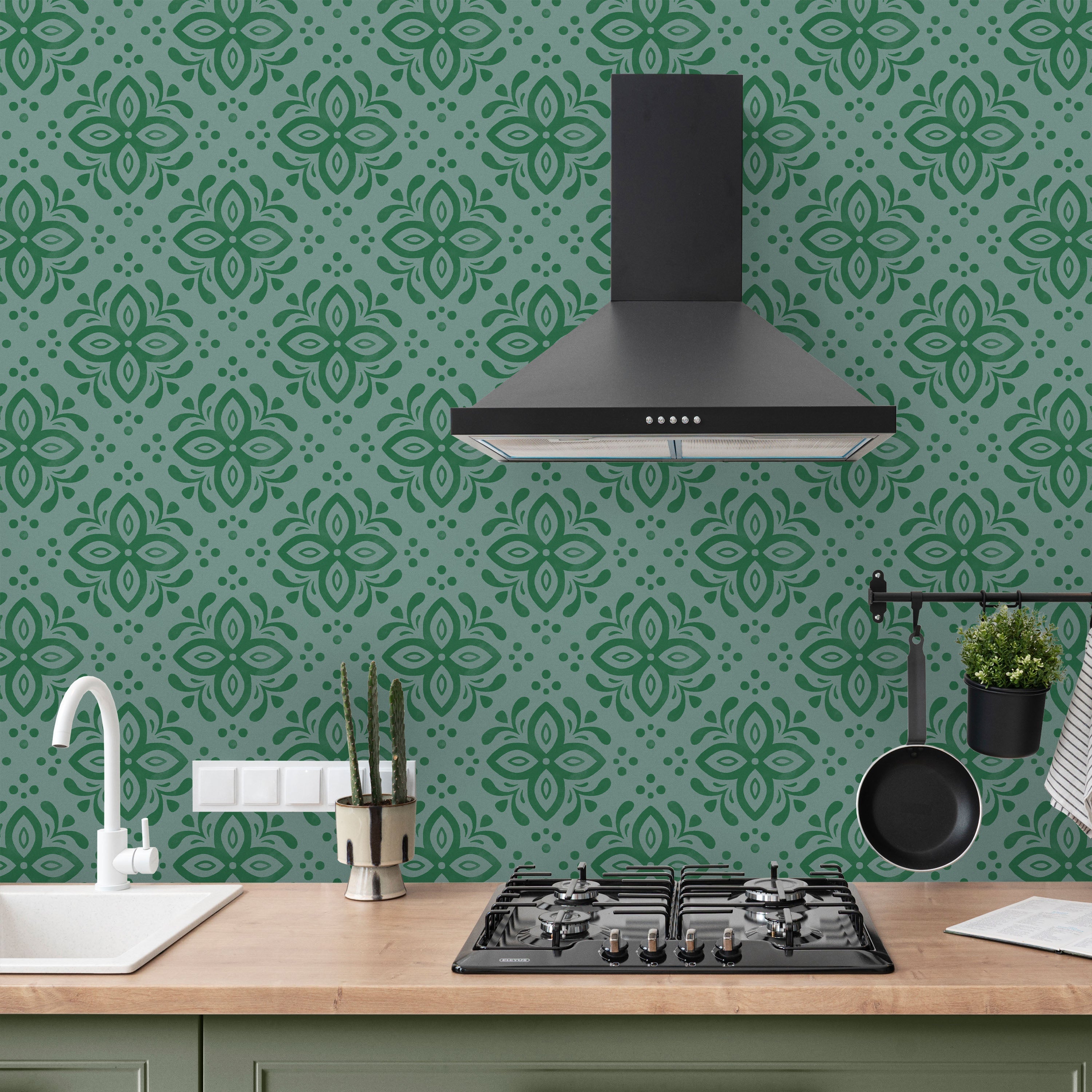 Euforia Mandala Peel and Stick Wallpaper, Removable Wallpaper, Traditional Wallpaper - Forest Green | DeccoPrint