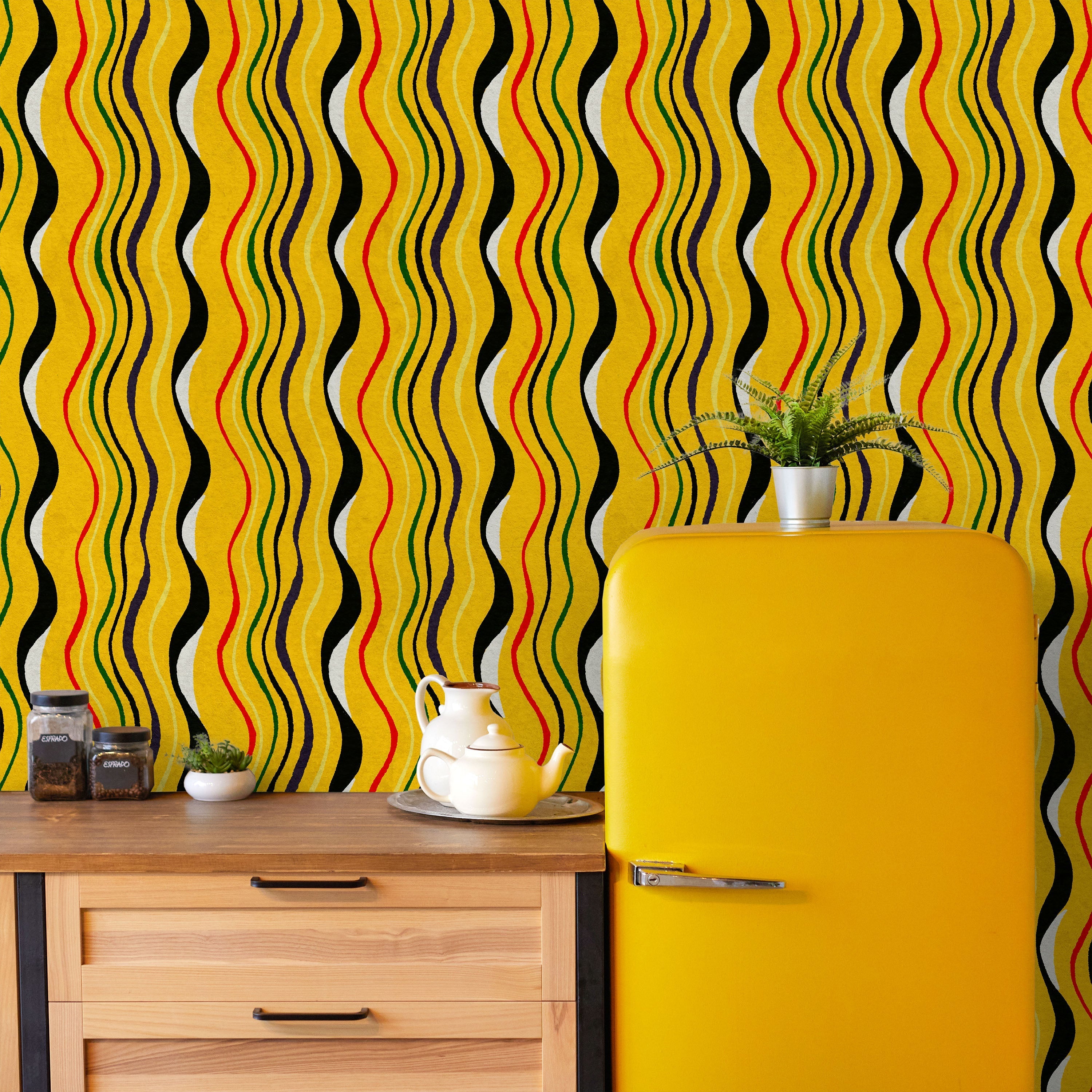 Furuya Korin x Korin Waves Peel and Stick Wallpaper, Removable Wallpaper, Traditional Wallpaper - Amber Yellow | DeccoPrint