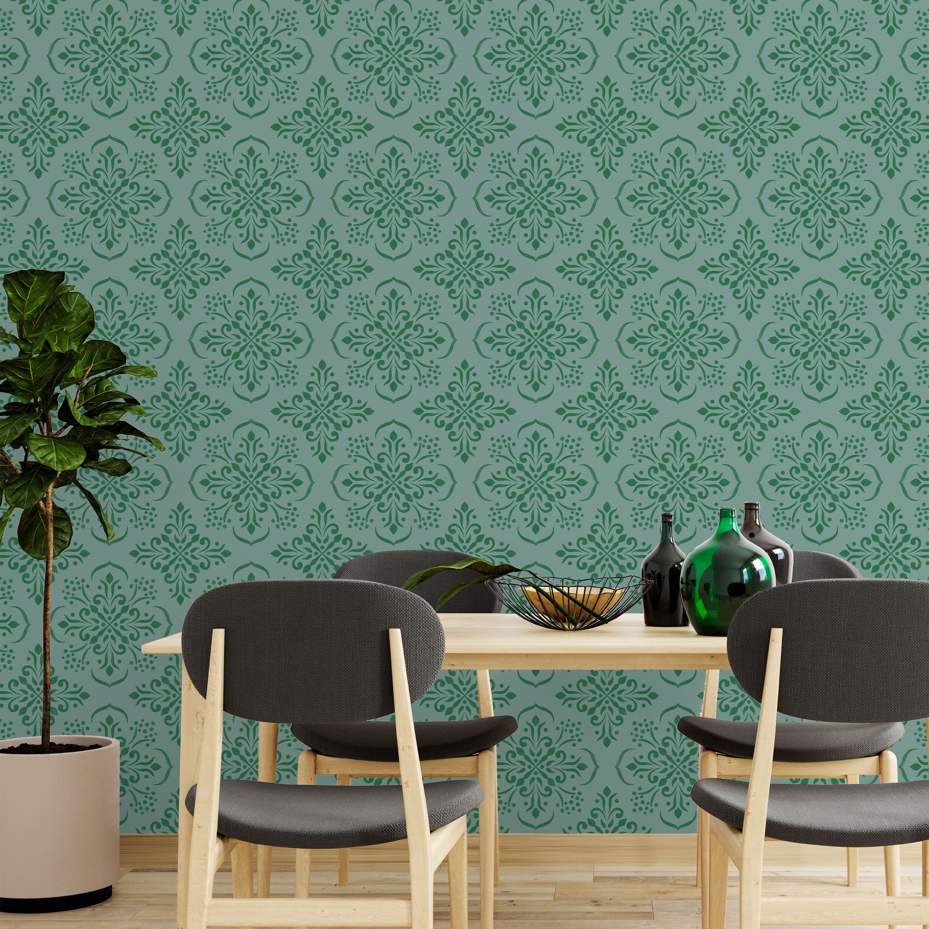 Aurora Mandala Peel and Stick Wallpaper, Removable Wallpaper, Traditional Wallpaper - Forest Green | DeccoPrint
