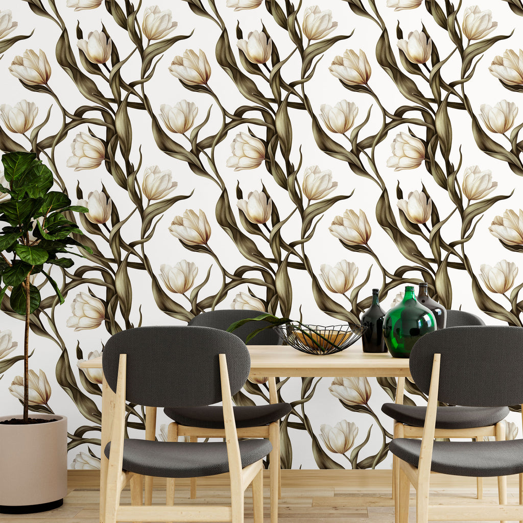 Spring Tulips Peel and Stick Wallpaper, Removable Wallpaper, Traditional Wallpaper - Ivory White | DeccoPrint