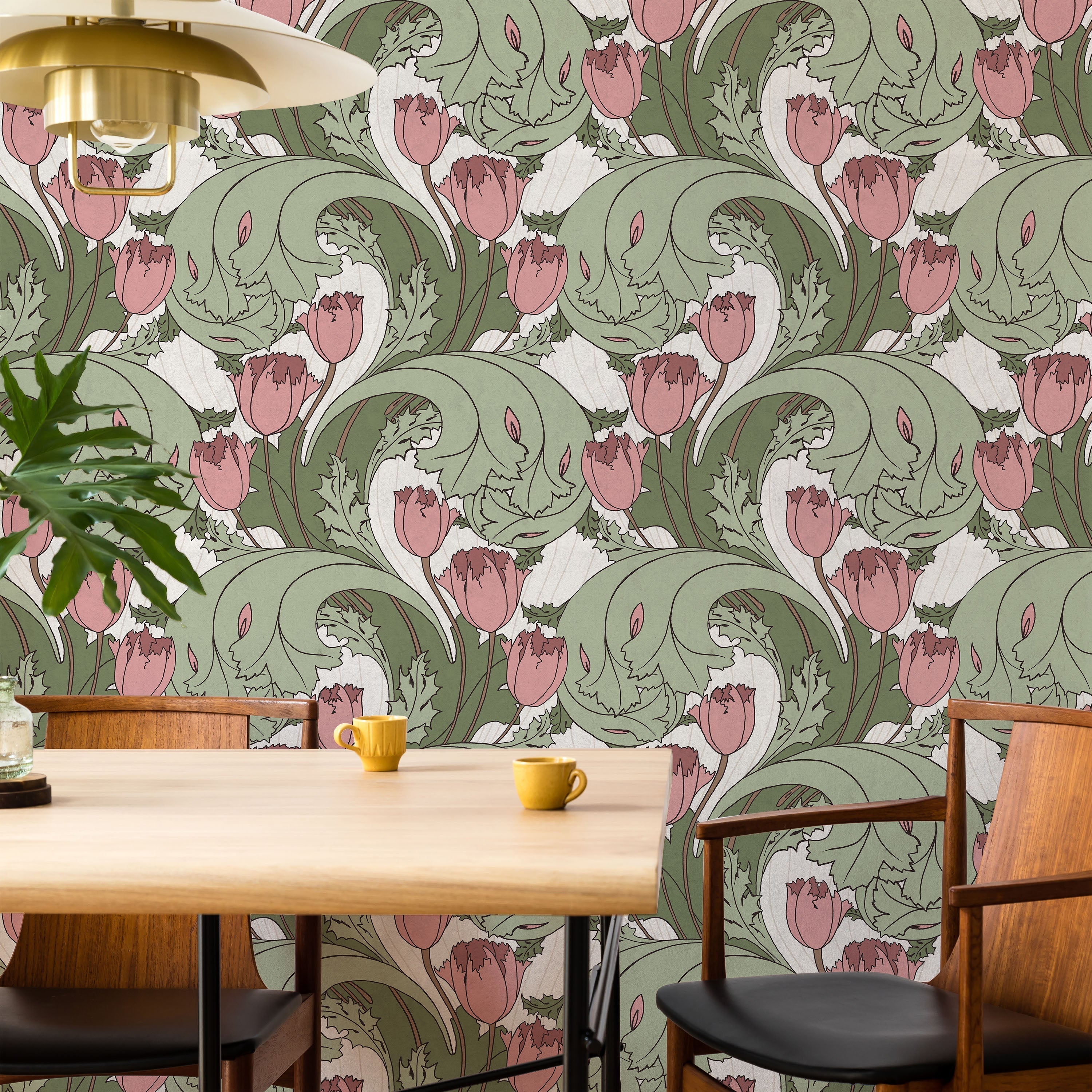 C.F.A. Voysey x Tulips Peel and Stick Wallpaper, Removable Wallpaper, Traditional Wallpaper - Cranberry Pink | DeccoPrint