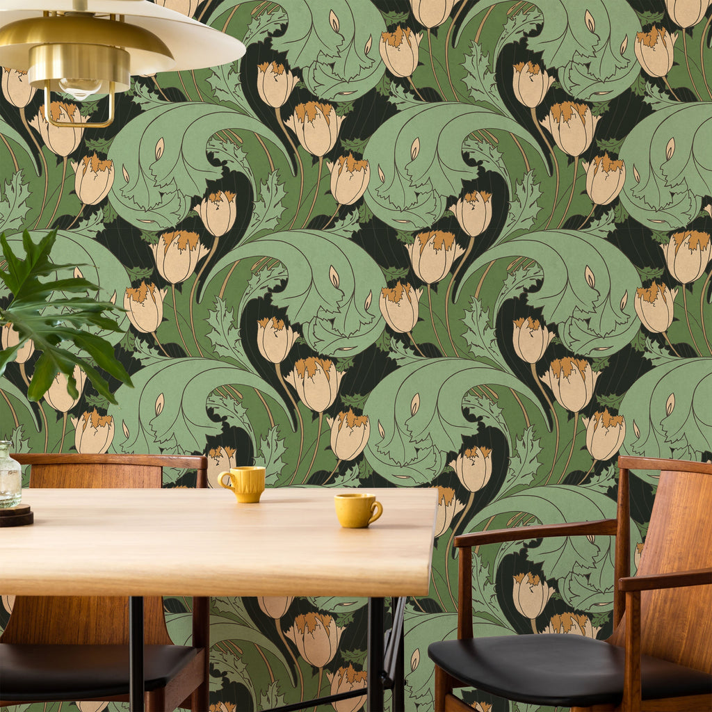 C.F.A. Voysey x Tulips Peel and Stick Wallpaper, Removable Wallpaper, Traditional Wallpaper - Forest Green | DeccoPrint