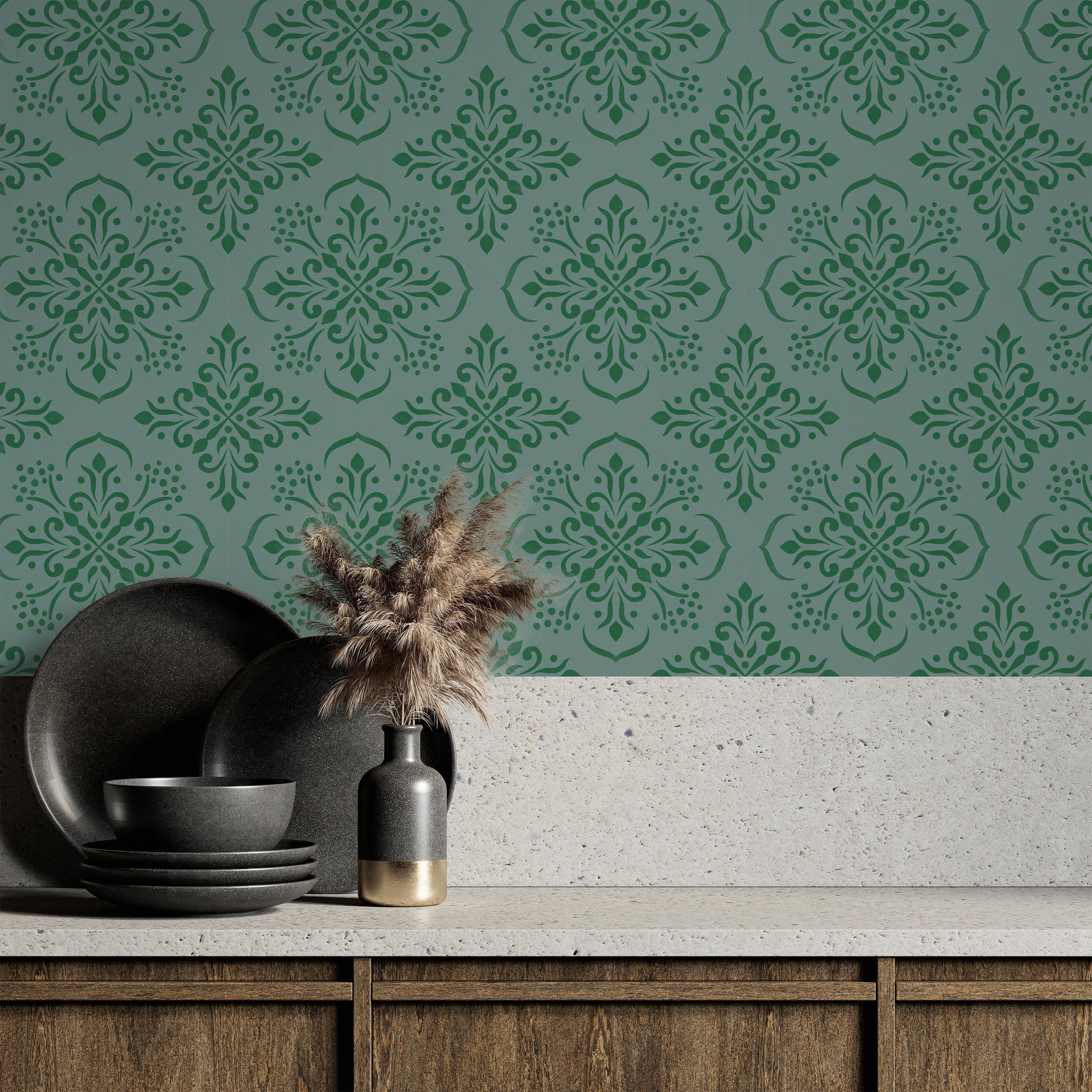 Aurora Mandala Peel and Stick Wallpaper, Removable Wallpaper, Traditional Wallpaper - Forest Green | DeccoPrint