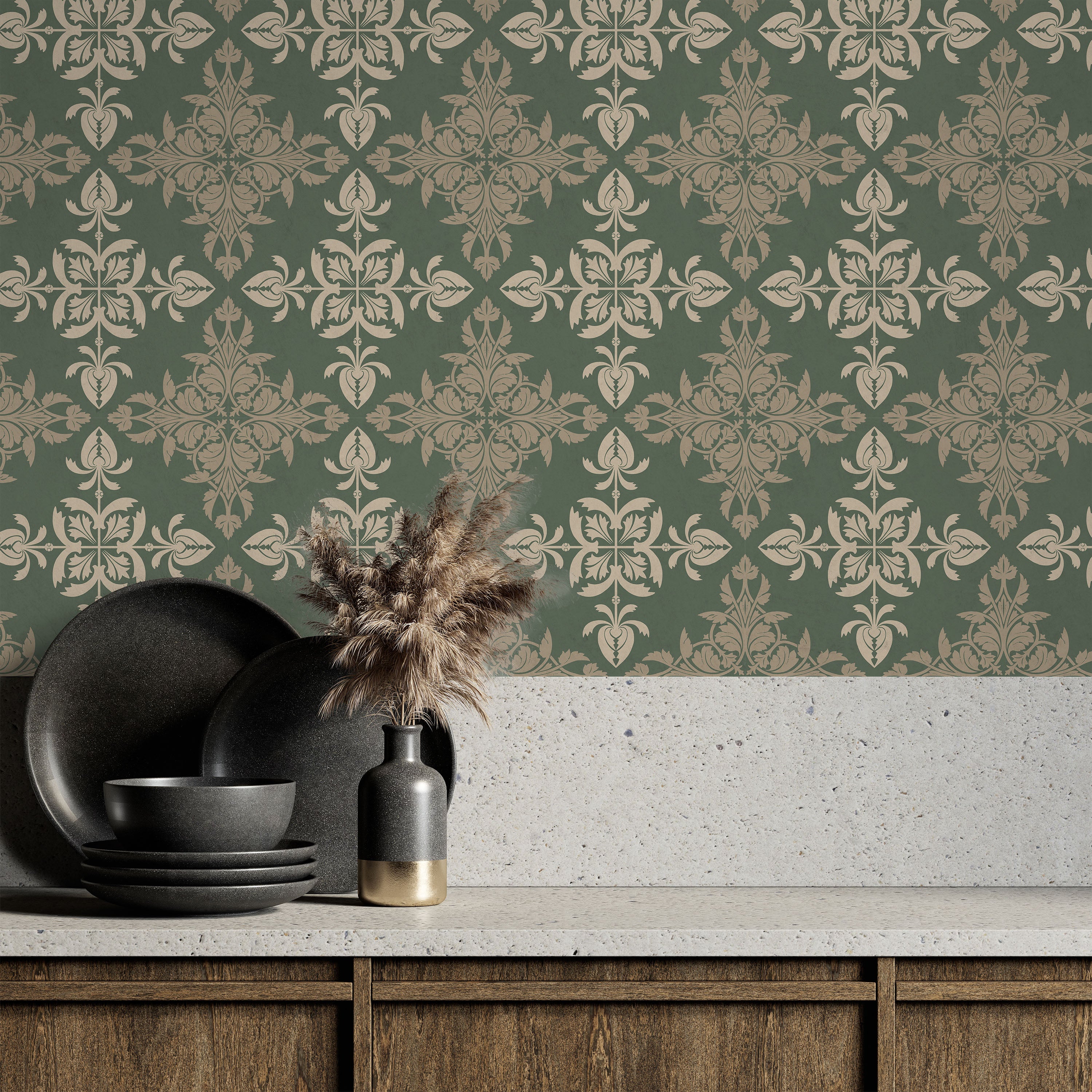 Christopher Dresser x Decorative Symmetry Peel and Stick Wallpaper, Removable Wallpaper, Traditional Wallpaper - Dusty Green | DeccoPrint