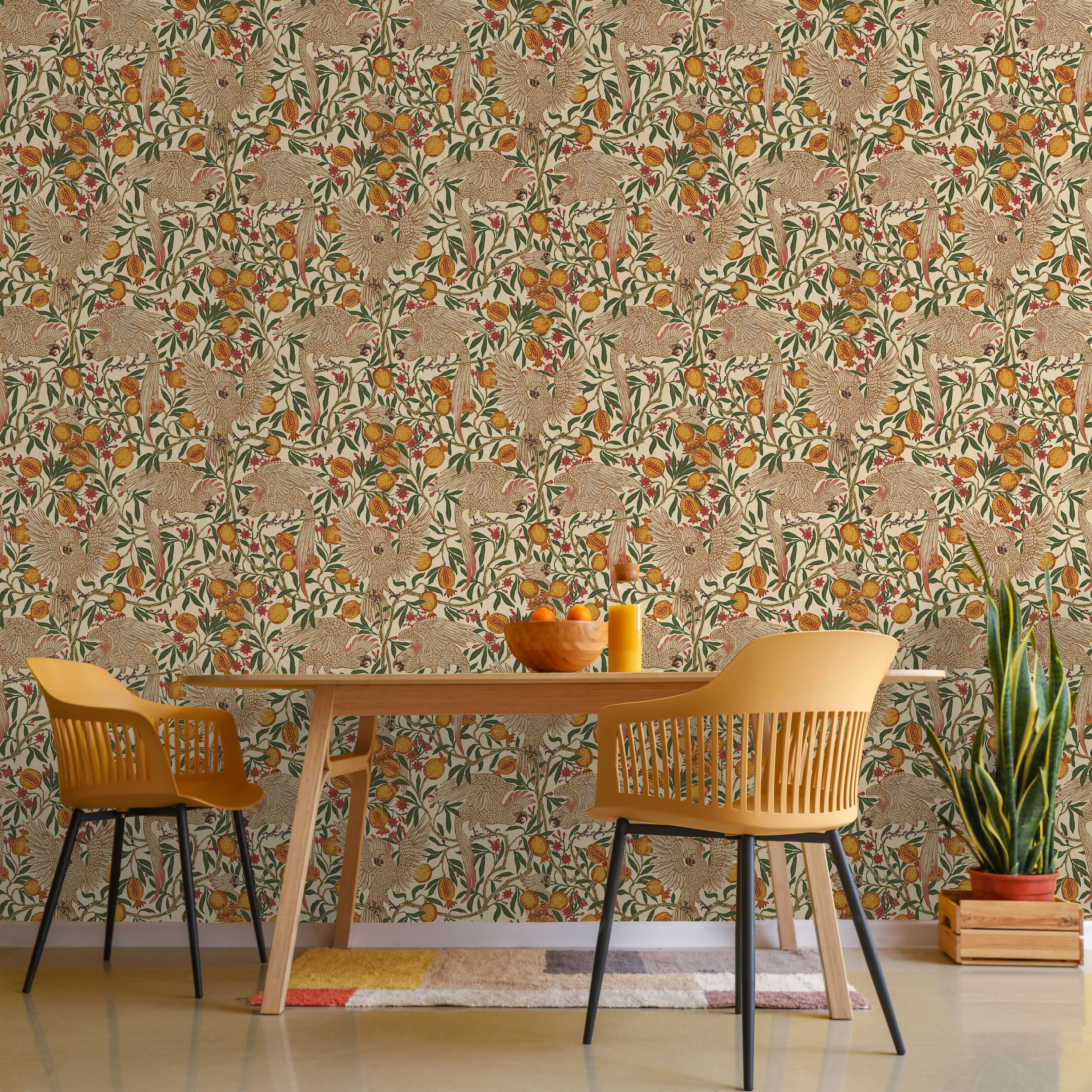 Walter Crane x Cockatoo and Pomegranate Peel and Stick Wallpaper, Removable Wallpaper, Traditional Wallpaper - Soft Beige | DeccoPrint