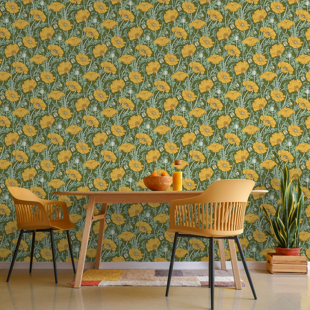 Maurice Pillard Verneuil x  Poppy Peel and Stick Wallpaper, Removable Wallpaper, Traditional Wallpaper - Lush Green | DeccoPrint