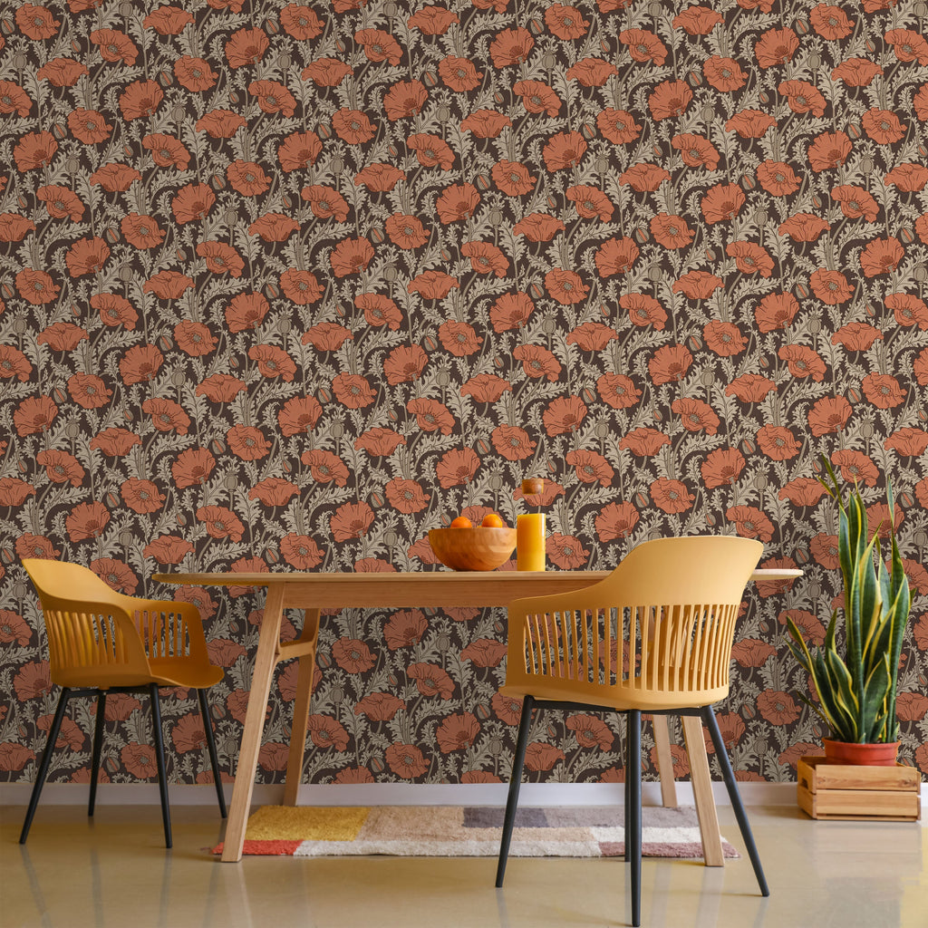 Maurice Pillard Verneuil x  Poppy Peel and Stick Wallpaper, Removable Wallpaper, Traditional Wallpaper - Terracotta Orange | DeccoPrint