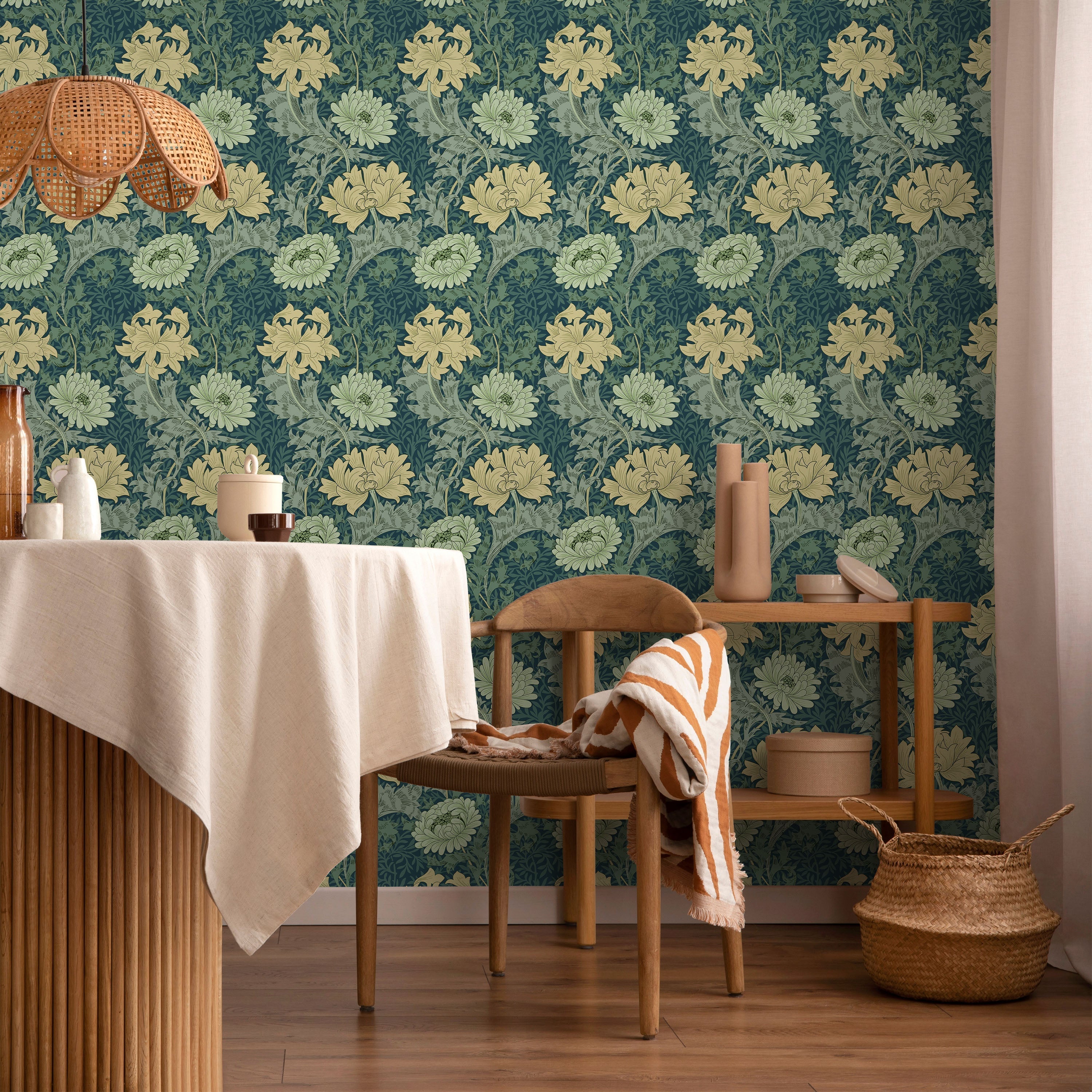 William Morris X Chrysanthemum Peel and Stick Wallpaper, Removable Wallpaper, Traditional Wallpaper - Green | DeccoPrint