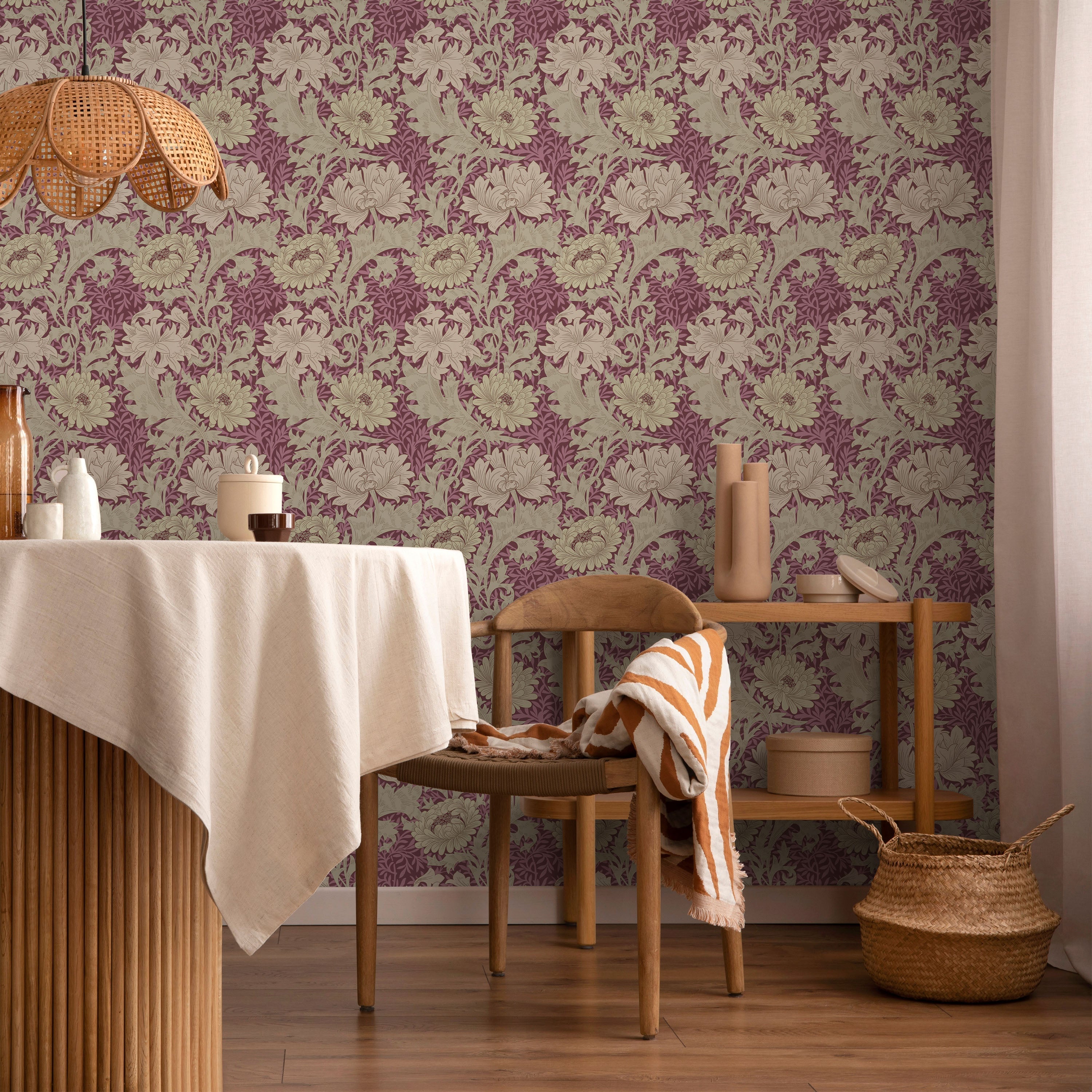 William Morris X Chrysanthemum Peel and Stick Wallpaper, Removable Wallpaper, Traditional Wallpaper - Wine | DeccoPrint