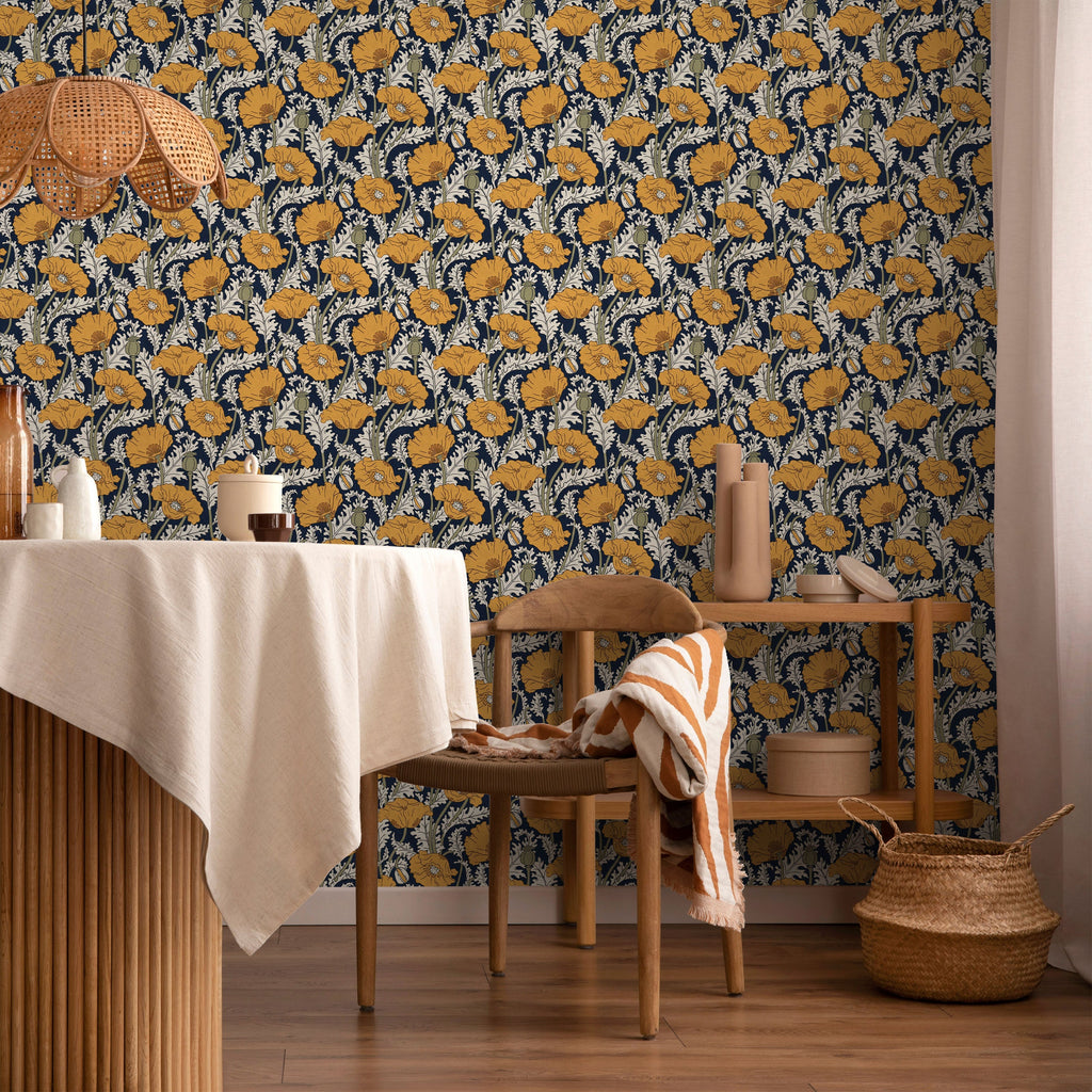 Maurice Pillard Verneuil x  Poppy Peel and Stick Wallpaper, Removable Wallpaper, Traditional Wallpaper - Navy Blue | DeccoPrint