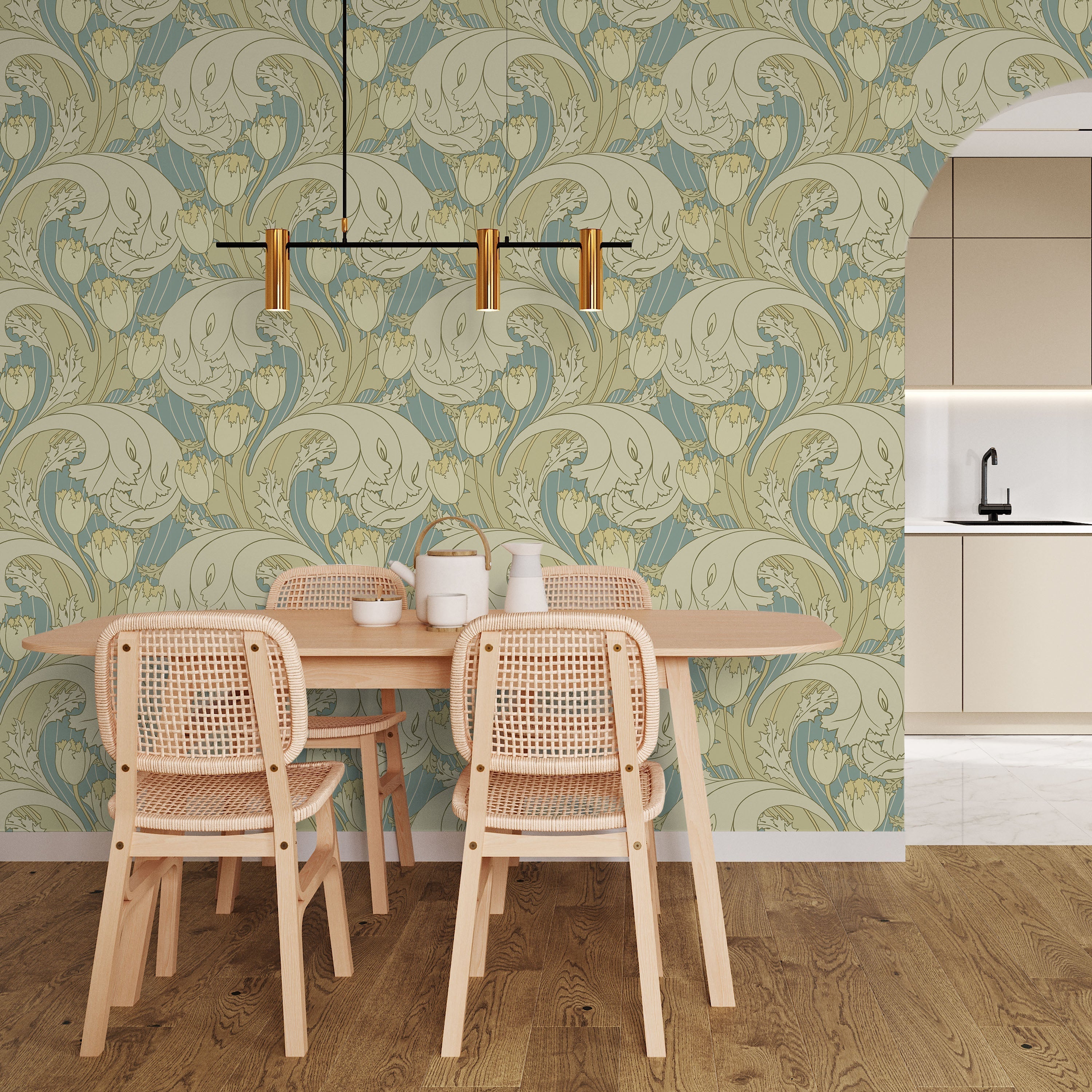 C.F.A. Voysey x Tulips Peel and Stick Wallpaper, Removable Wallpaper, Traditional Wallpaper - Faded Blue | DeccoPrint