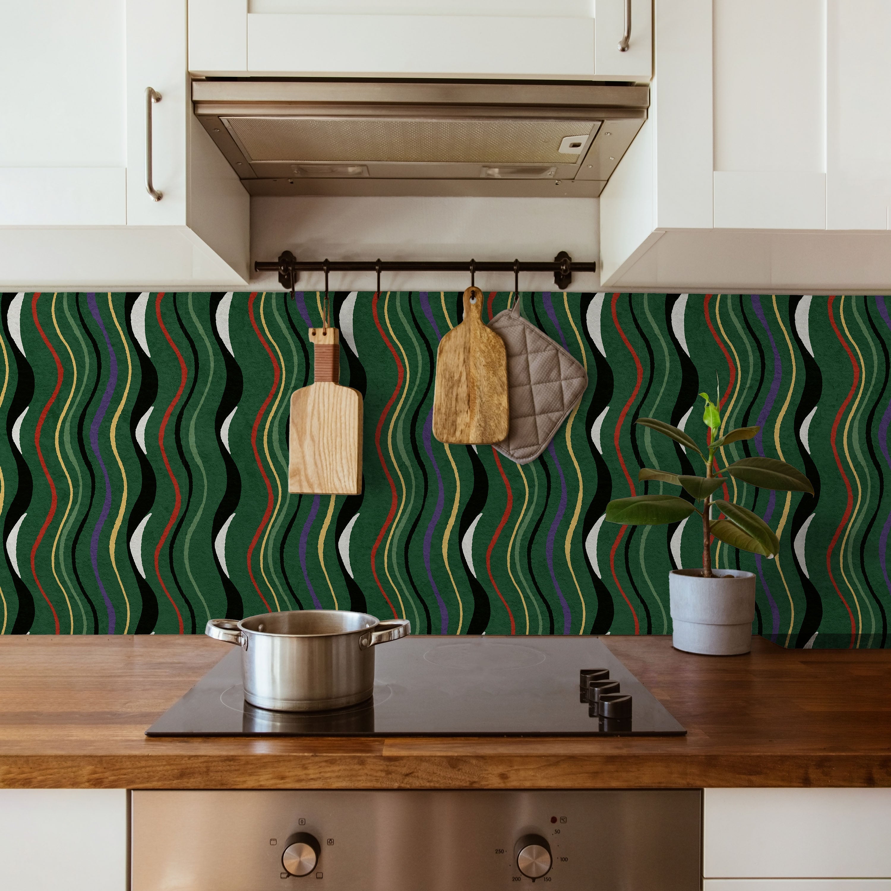 Furuya Korin x Korin Waves Peel and Stick Wallpaper, Removable Wallpaper, Traditional Wallpaper - Deep Green | DeccoPrint