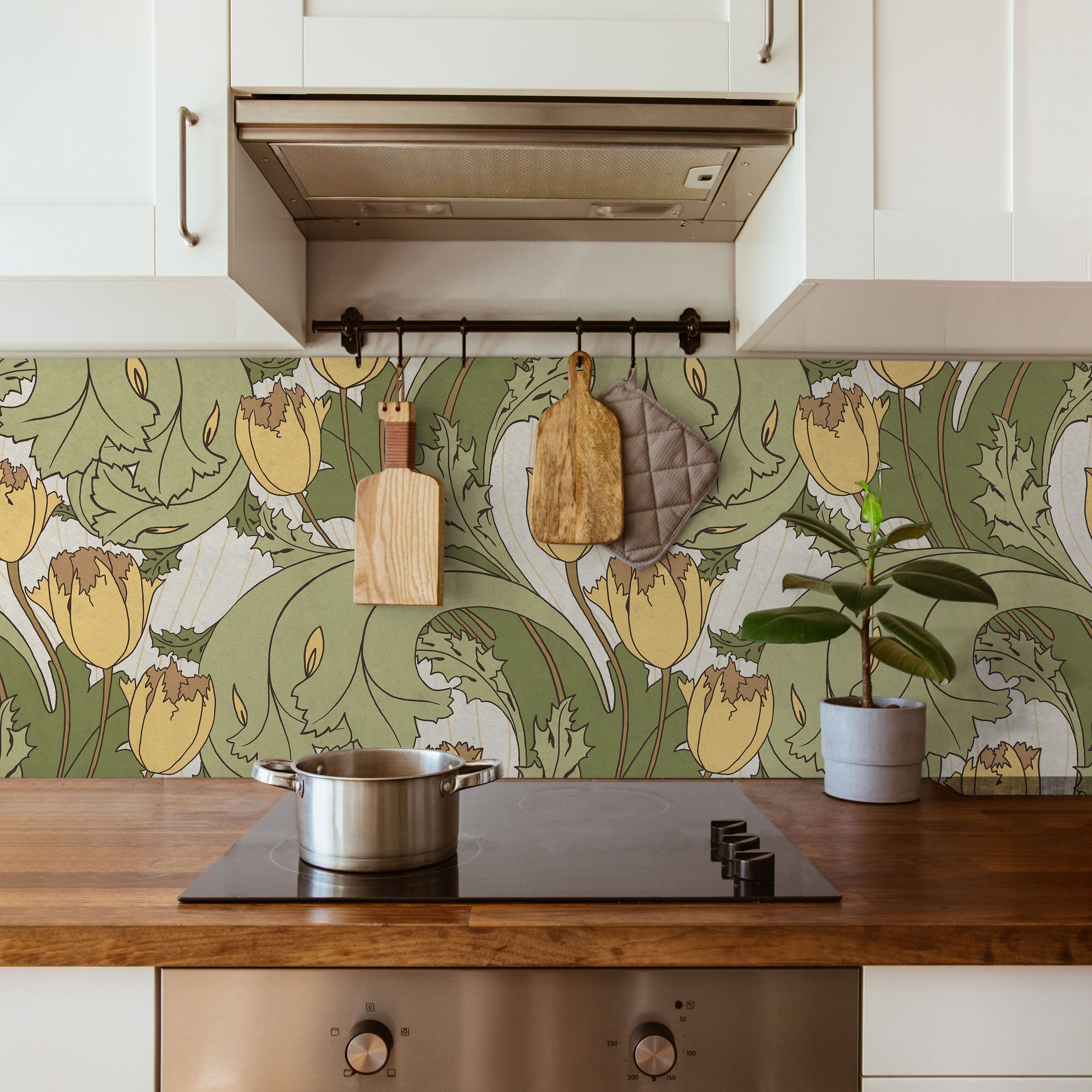 C.F.A. Voysey x Tulips Peel and Stick Wallpaper, Removable Wallpaper, Traditional Wallpaper - Vintage Yellow | DeccoPrint