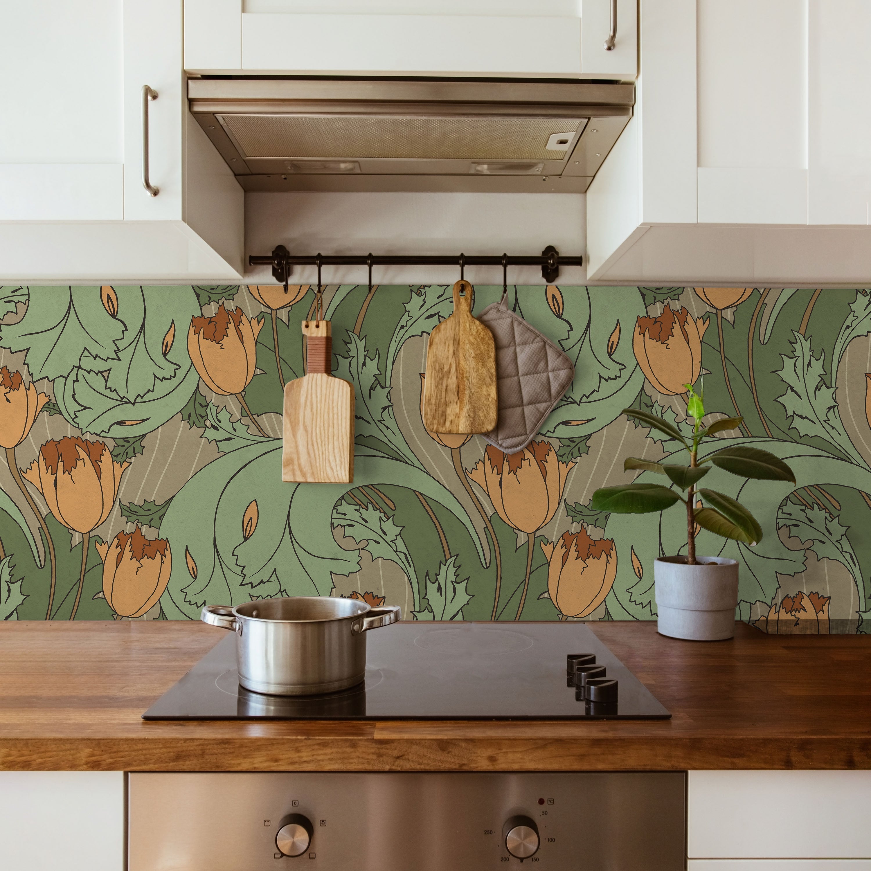 C.F.A. Voysey x Tulips Peel and Stick Wallpaper, Removable Wallpaper, Traditional Wallpaper - Dusty Orange | DeccoPrint