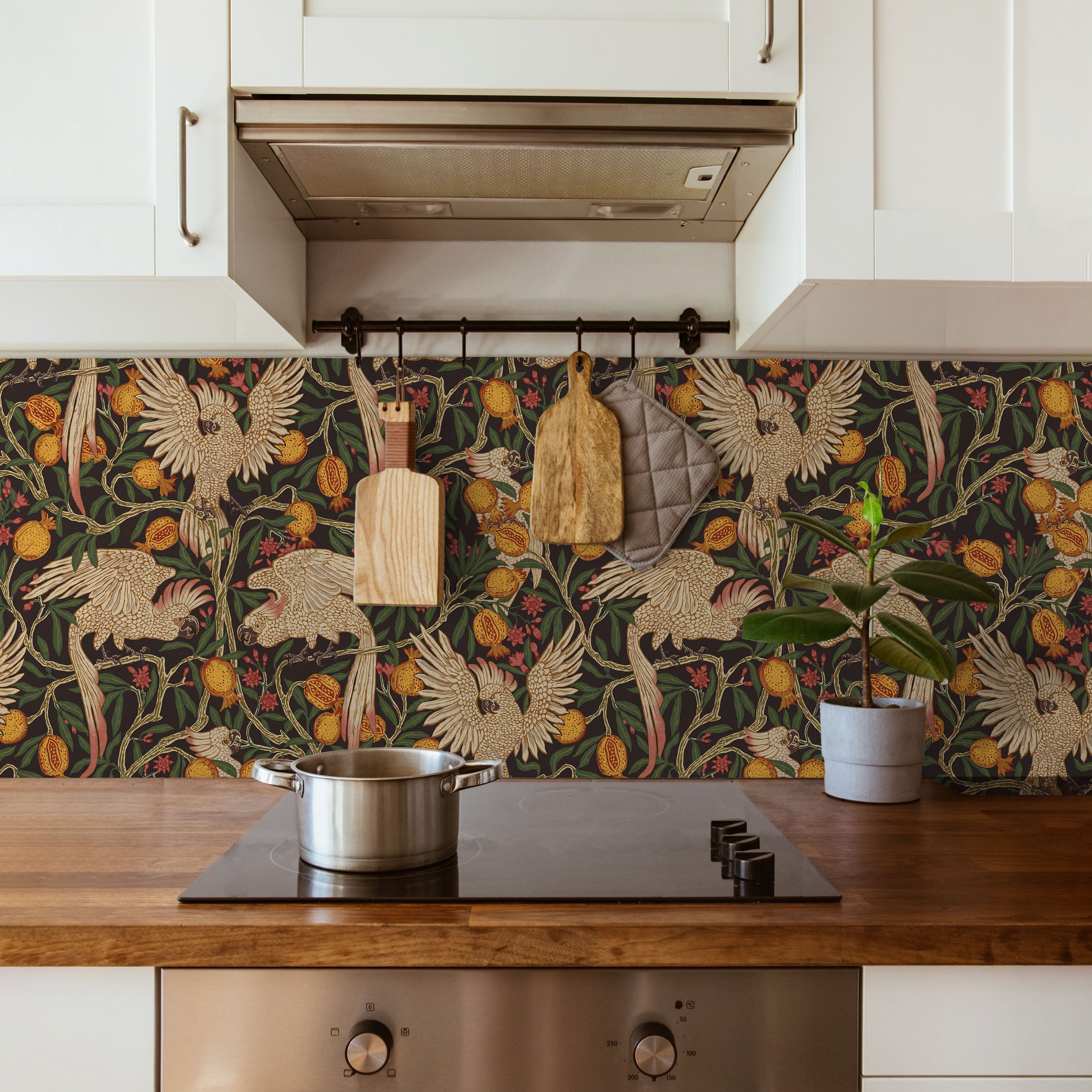 Walter Crane x Cockatoo and Pomegranate Peel and Stick Wallpaper, Removable Wallpaper, Traditional Wallpaper - Vintage Black | DeccoPrint