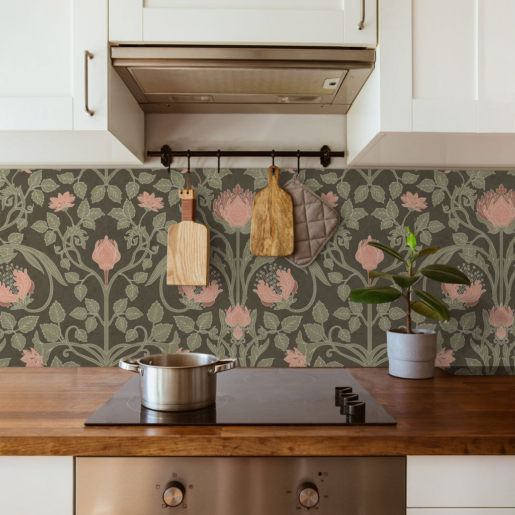 Art Nouveau Peel and Stick Wallpaper, Removable Wallpaper, Traditional Wallpaper - Dark Sage | DeccoPrint