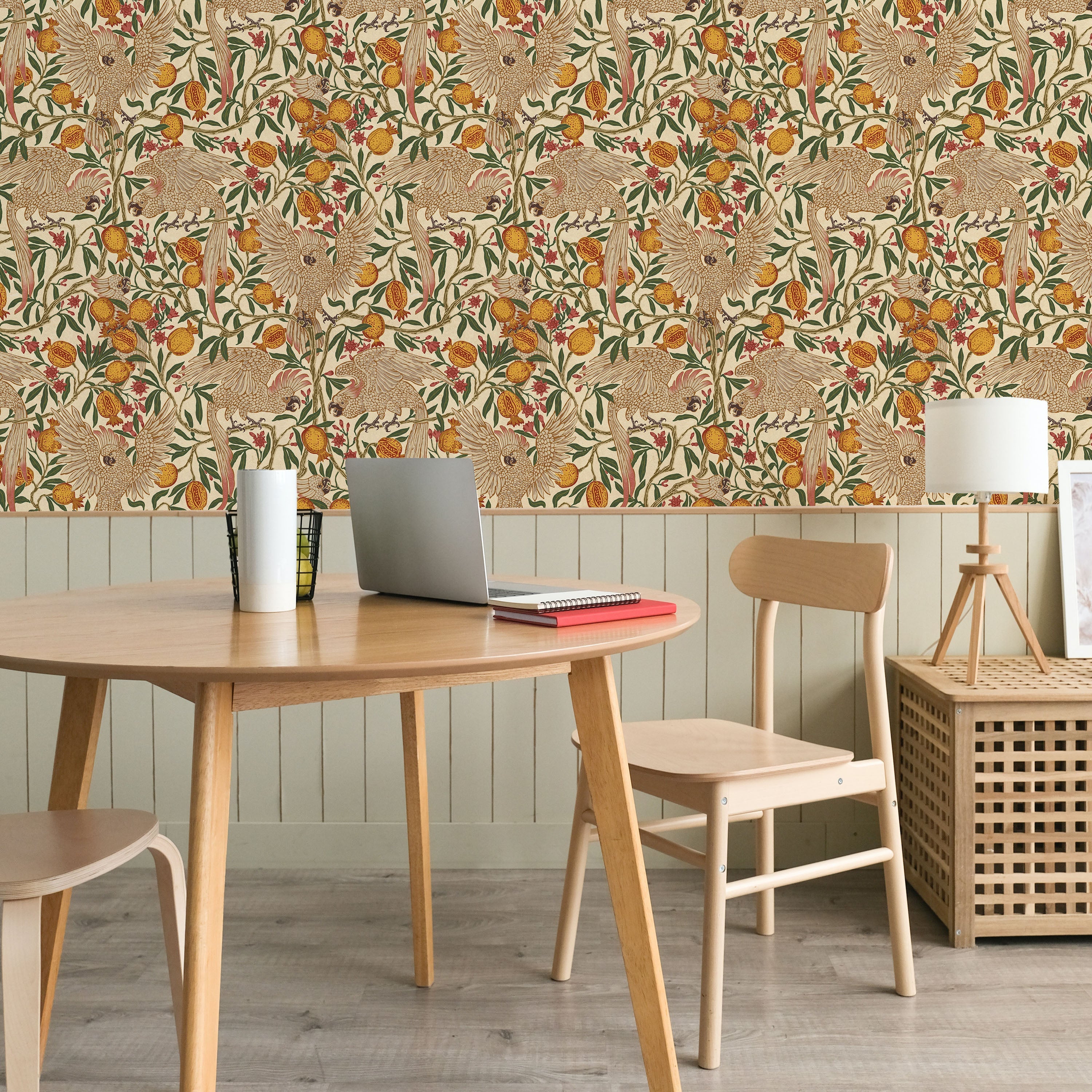 Walter Crane x Cockatoo and Pomegranate Peel and Stick Wallpaper, Removable Wallpaper, Traditional Wallpaper - Soft Beige | DeccoPrint