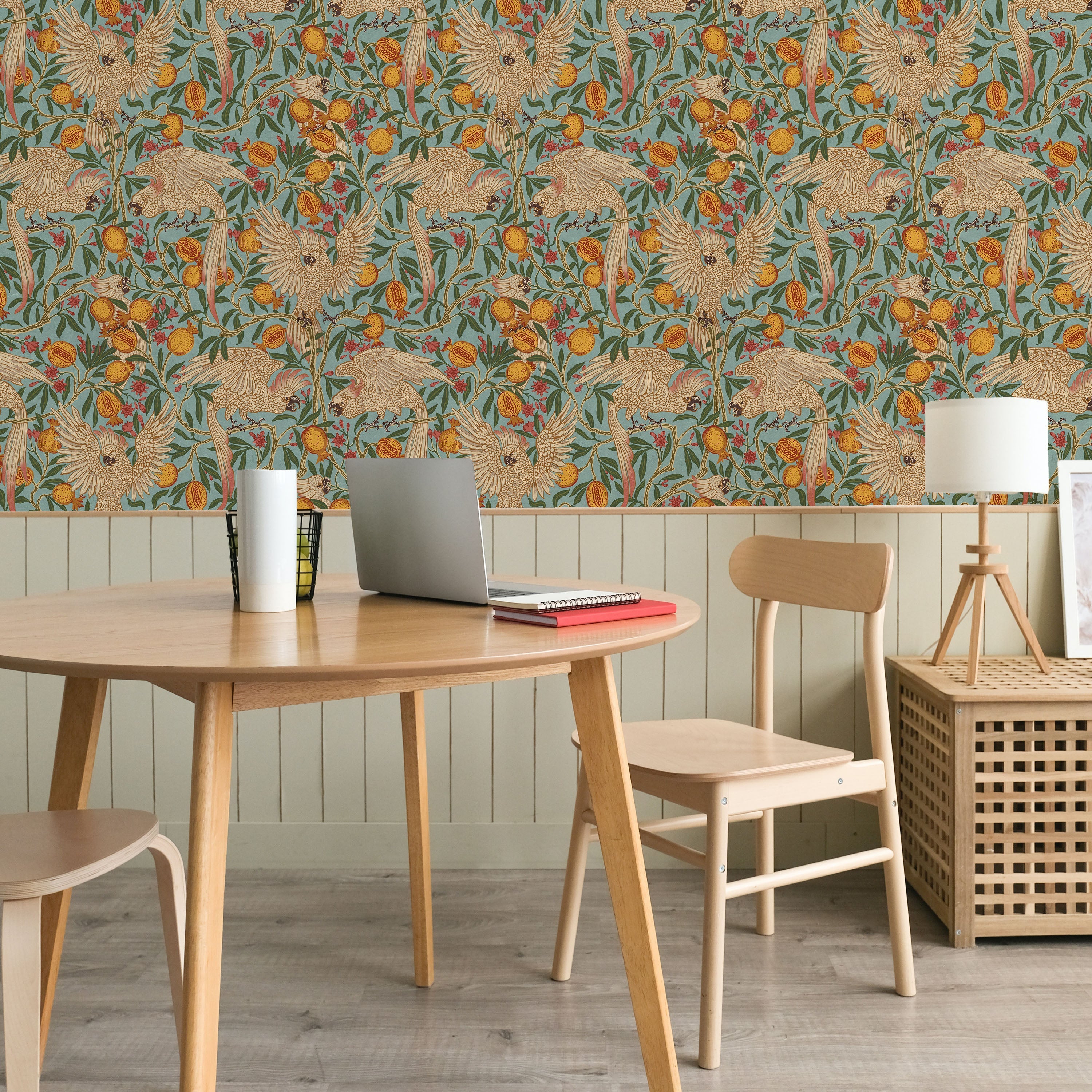 Walter Crane x Cockatoo and Pomegranate Peel and Stick Wallpaper, Removable Wallpaper, Traditional Wallpaper - Light Blue | DeccoPrint