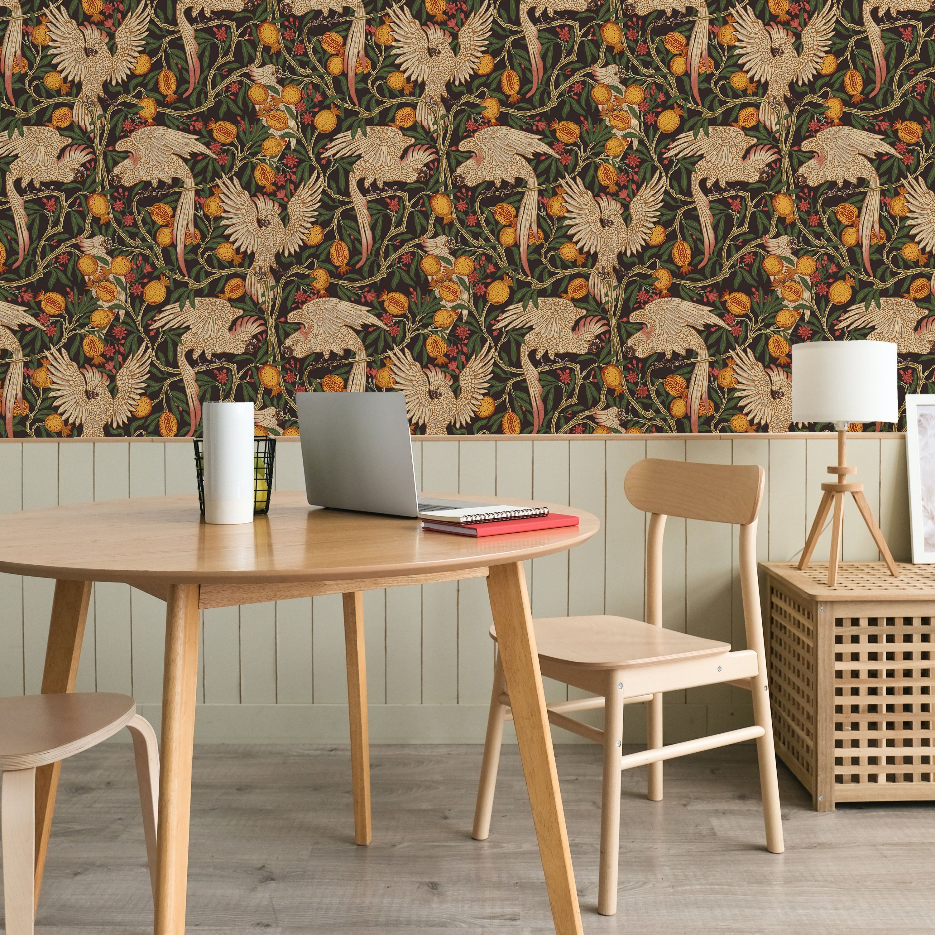 Walter Crane x Cockatoo and Pomegranate Peel and Stick Wallpaper, Removable Wallpaper, Traditional Wallpaper - Vintage Black | DeccoPrint