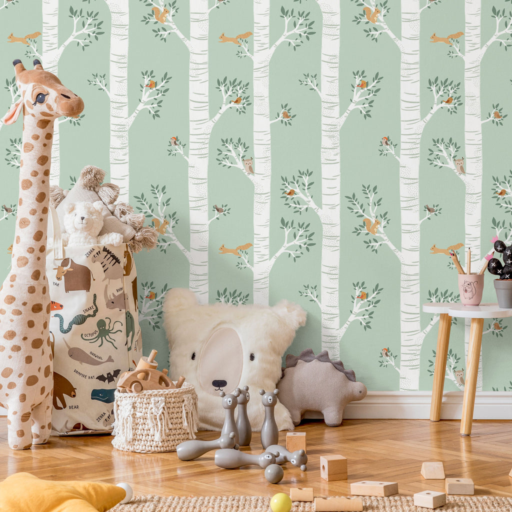 Treetop Tales Peel and Stick Wallpaper, Removable Wallpaper, Traditional Wallpaper - Sage Green | DeccoPrint