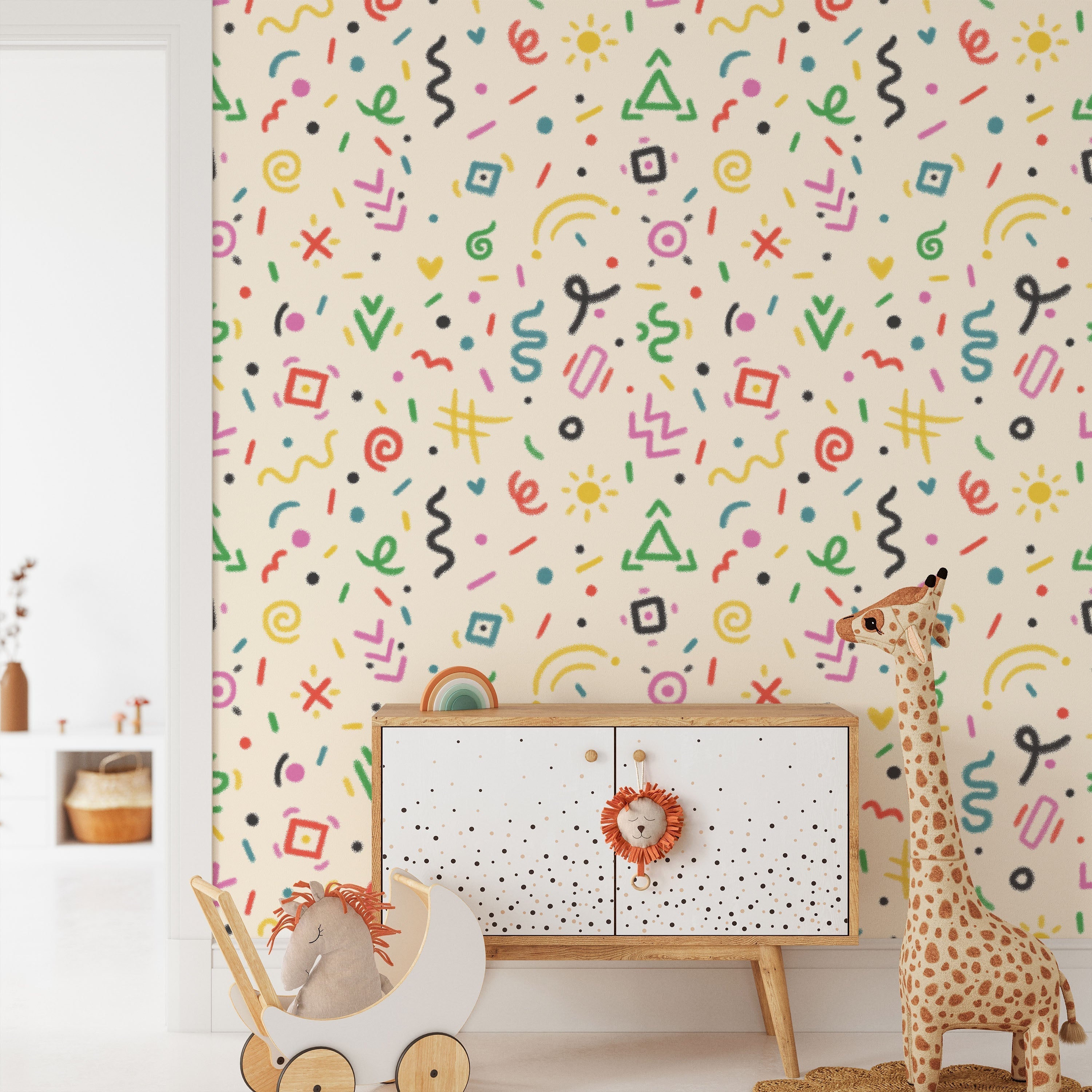 Chalk Doodles Peel and Stick Wallpaper, Removable Wallpaper, Traditional Wallpaper - Warm Beige | DeccoPrint