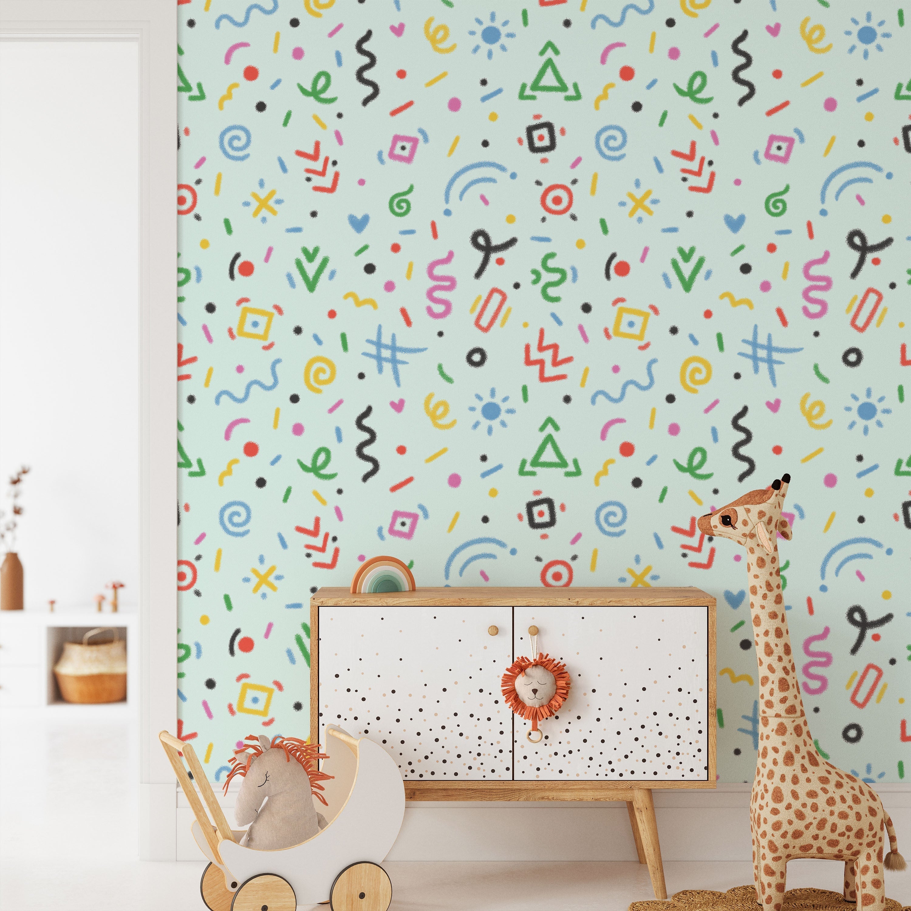 Chalk Doodles Peel and Stick Wallpaper, Removable Wallpaper, Traditional Wallpaper - Light Mint | DeccoPrint