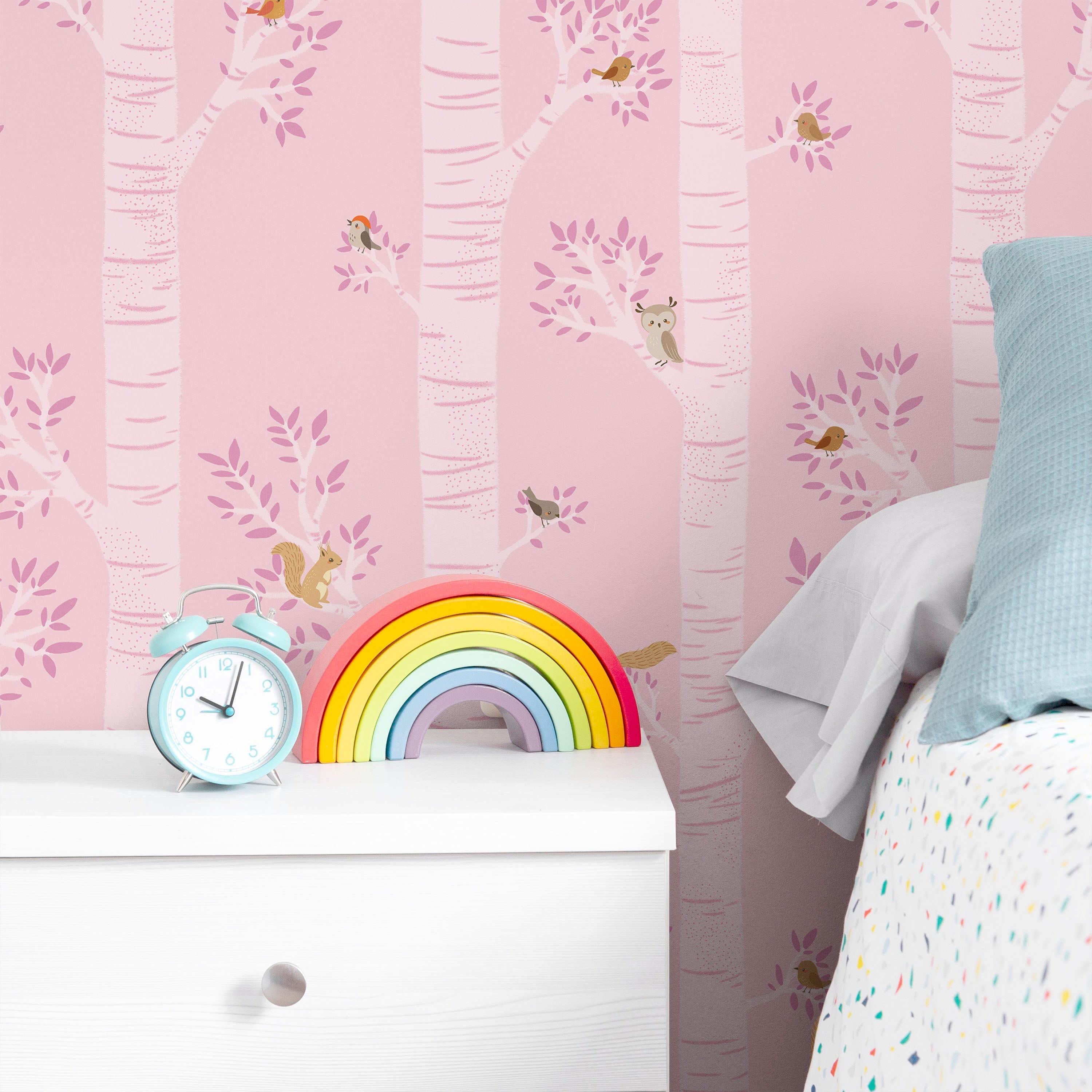 Treetop Tales Peel and Stick Wallpaper, Removable Wallpaper, Traditional Wallpaper - Bubblegum Pink | DeccoPrint