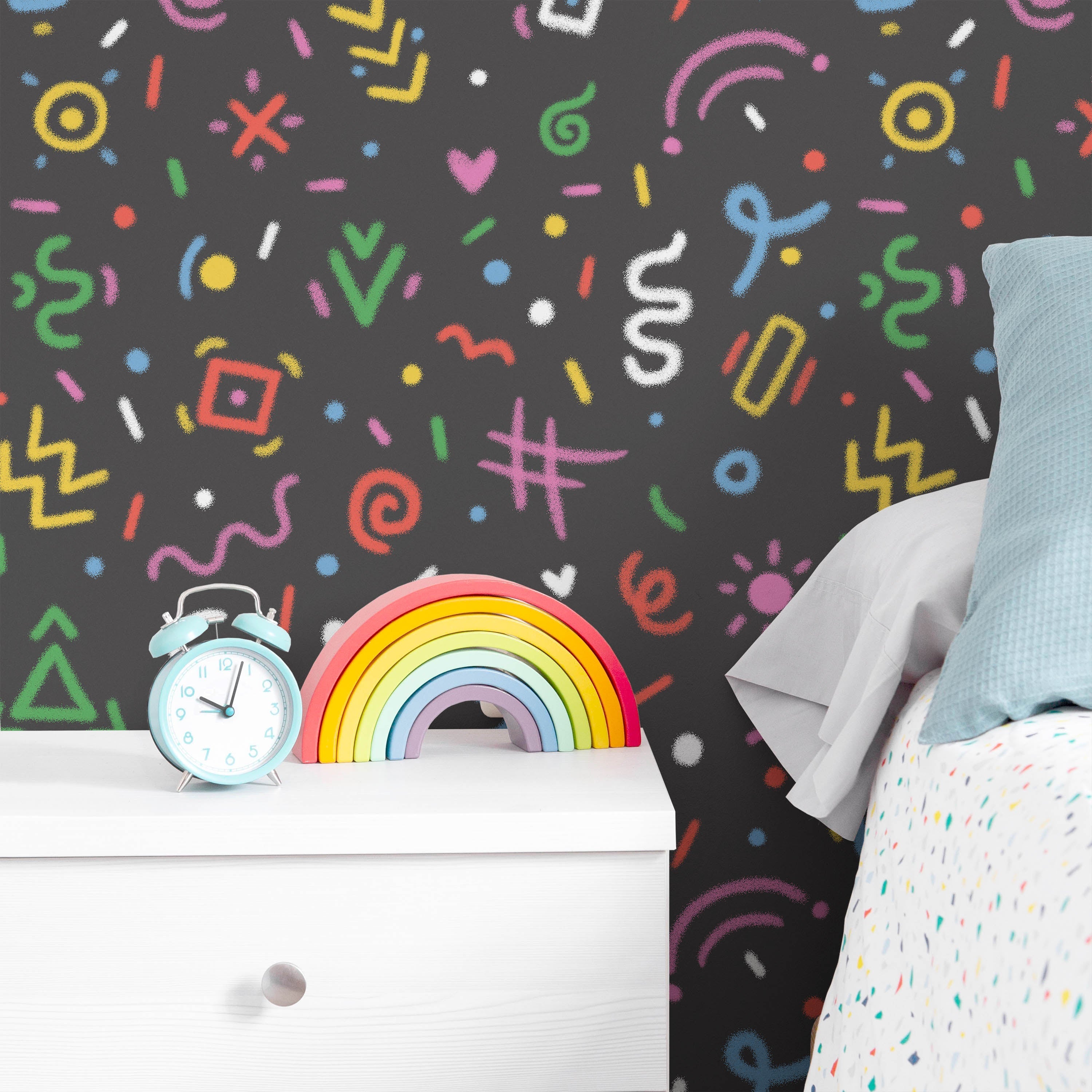 Chalk Doodles Peel and Stick Wallpaper, Removable Wallpaper, Traditional Wallpaper - Dark Grey | DeccoPrint