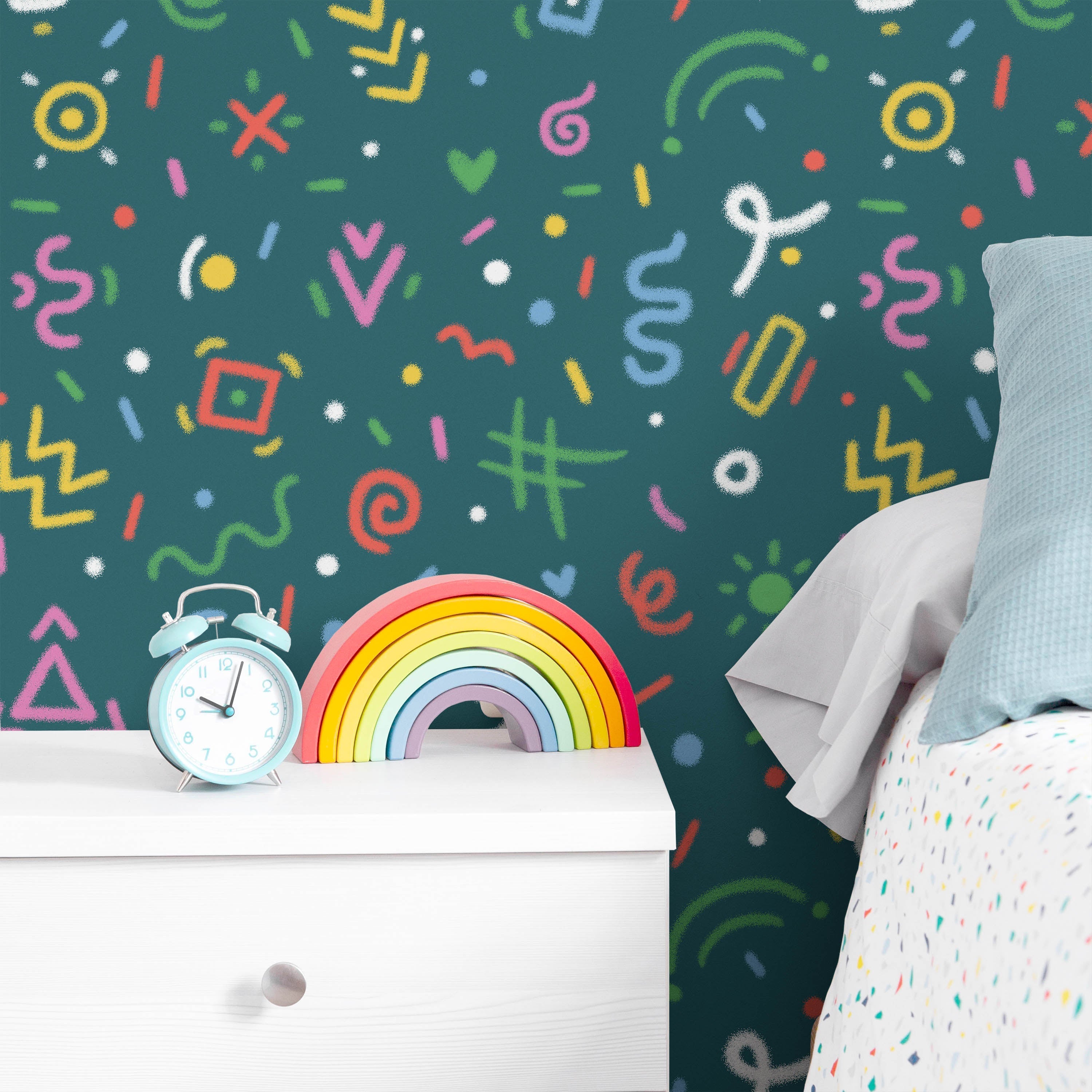 Chalk Doodles Peel and Stick Wallpaper, Removable Wallpaper, Traditional Wallpaper - Dark Teal | DeccoPrint