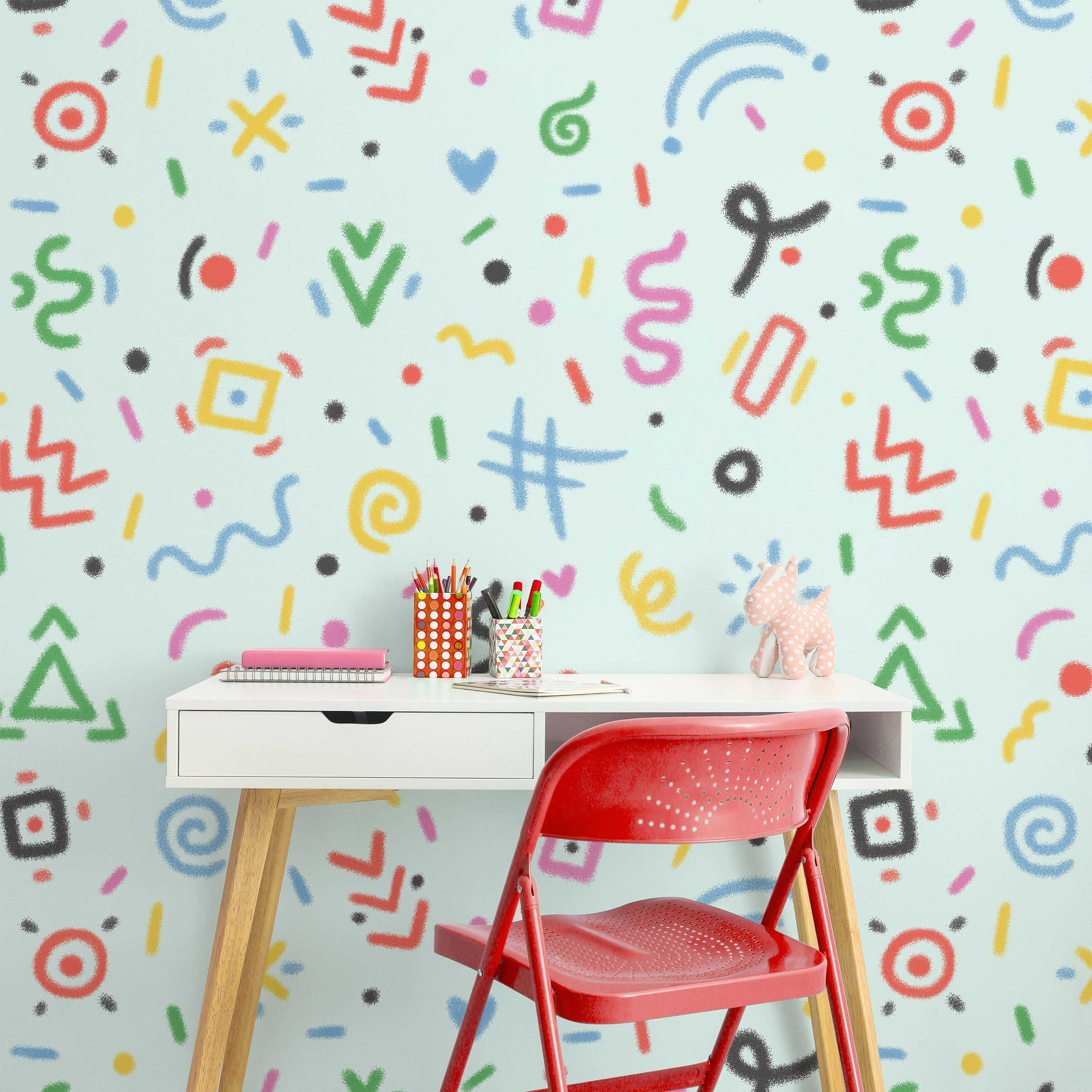 Chalk Doodles Peel and Stick Wallpaper, Removable Wallpaper, Traditional Wallpaper - Light Mint | DeccoPrint