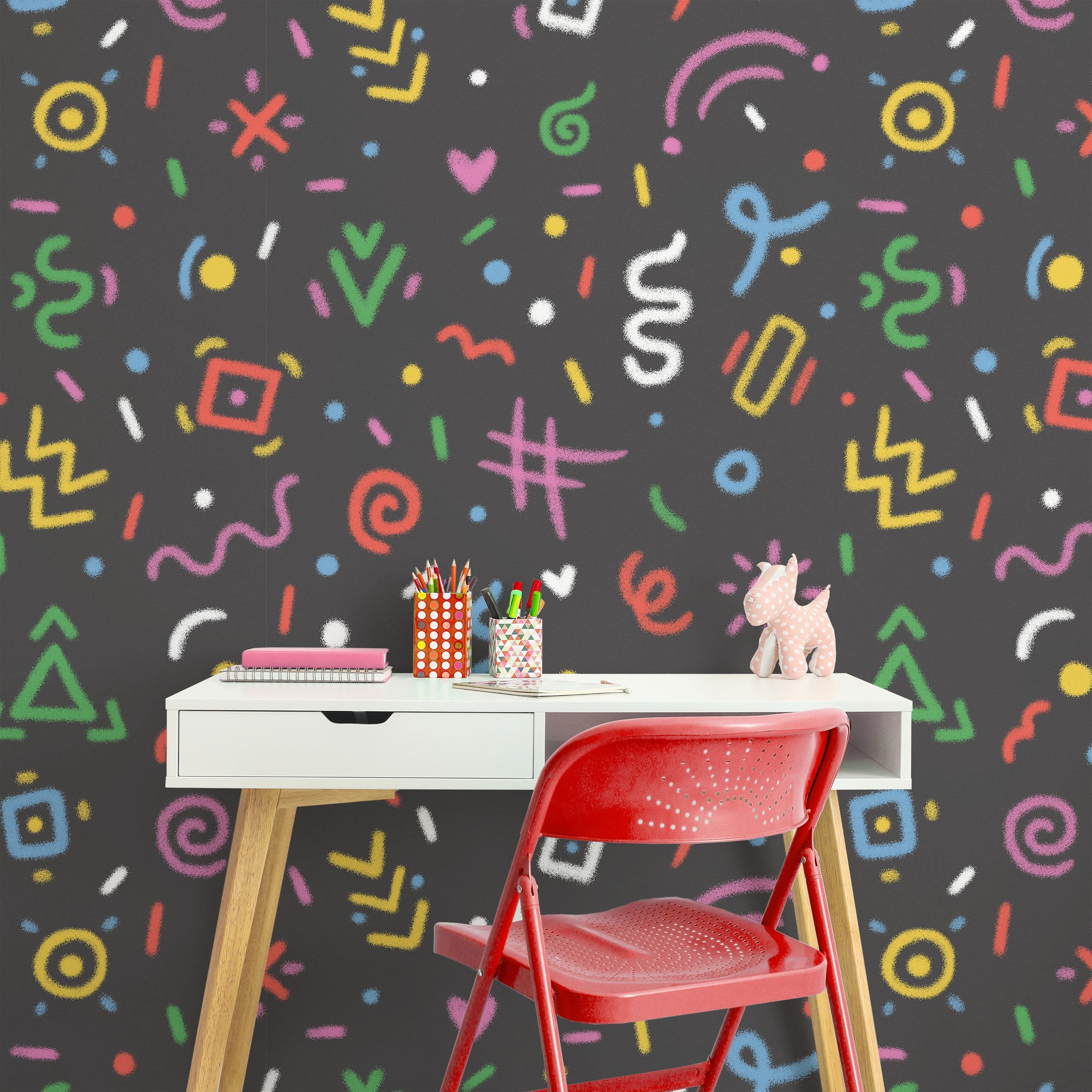 Chalk Doodles Peel and Stick Wallpaper, Removable Wallpaper, Traditional Wallpaper - Dark Grey | DeccoPrint