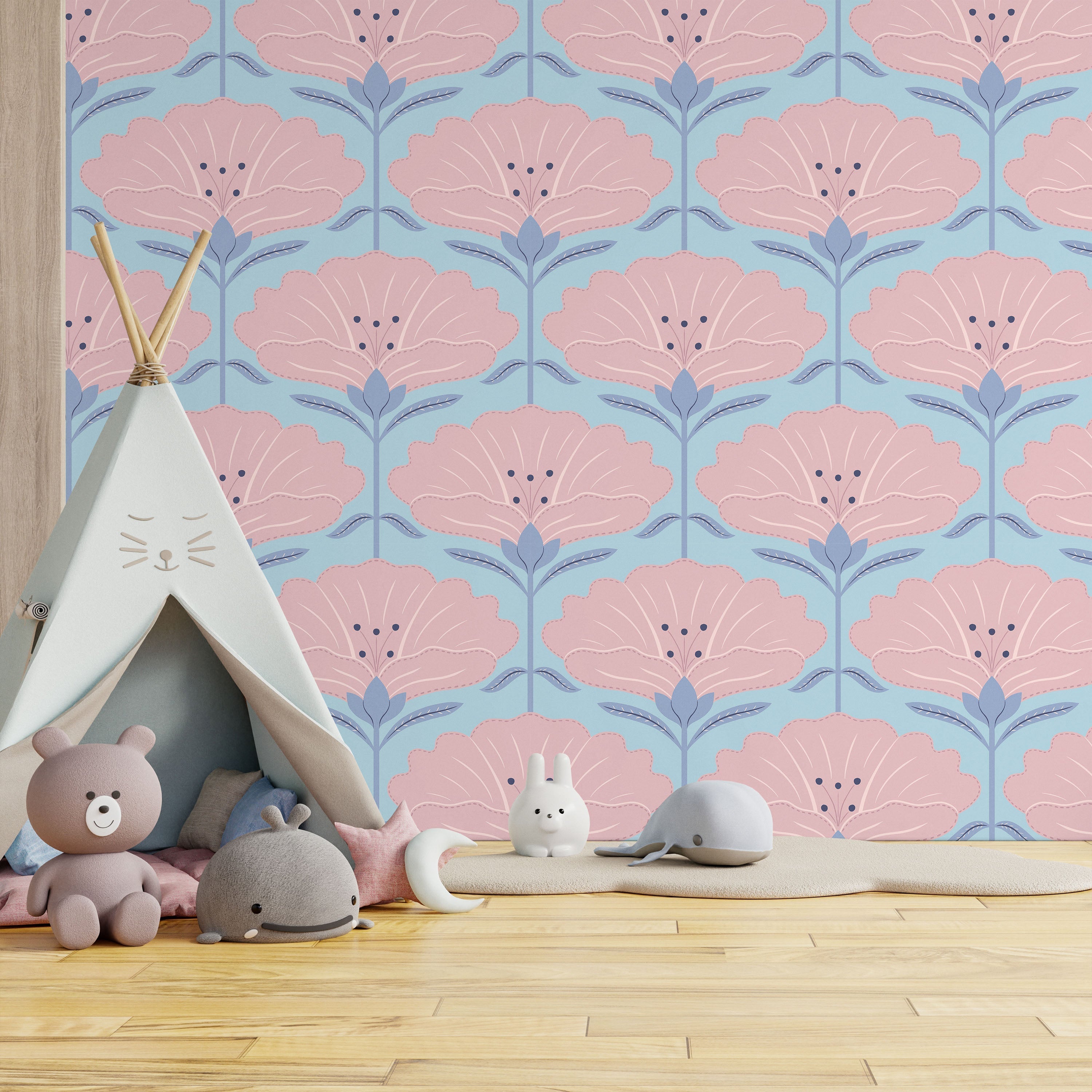 Dreamy Daisies Peel and Stick Wallpaper, Removable Wallpaper, Traditional Wallpaper - Blue | DeccoPrint