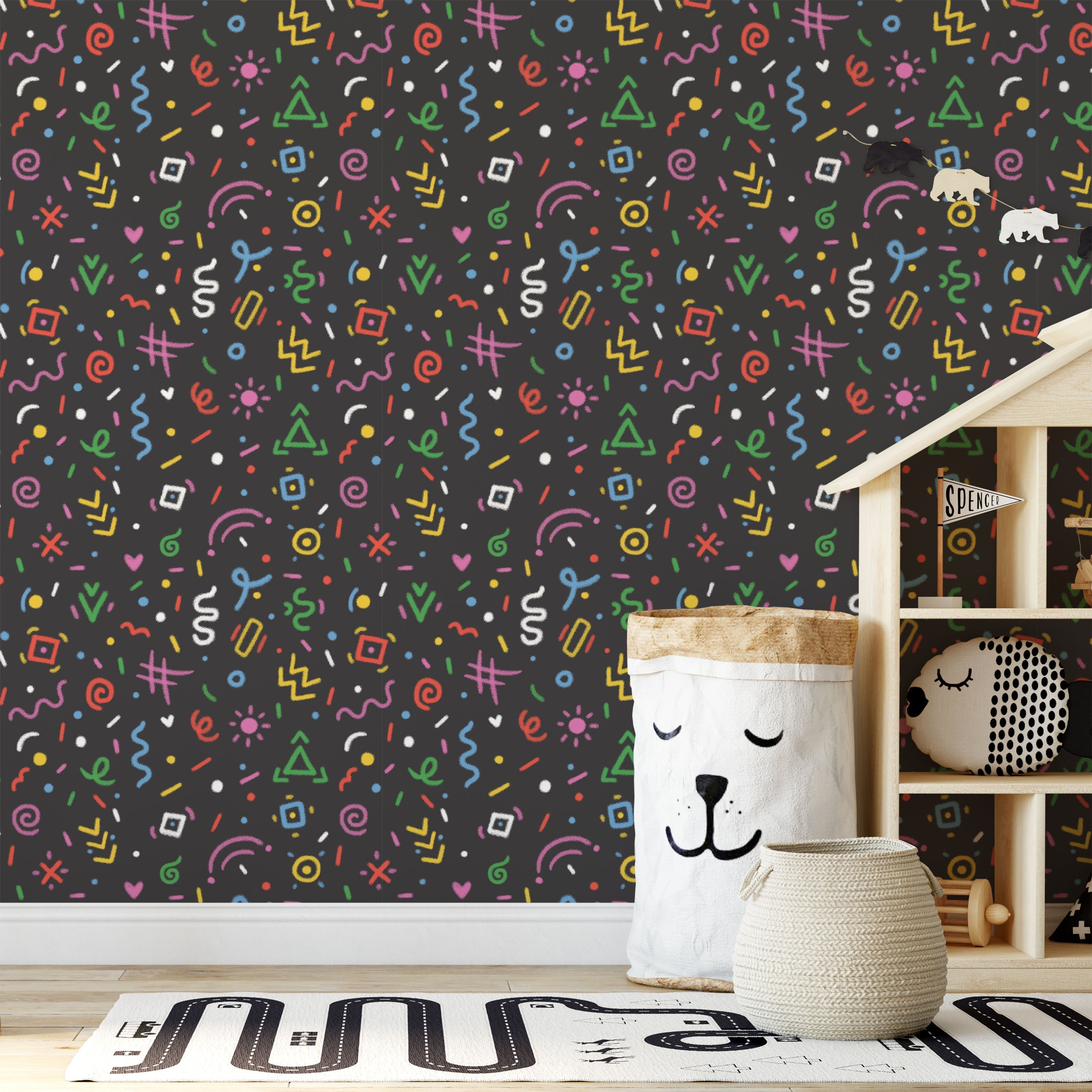 Chalk Doodles Peel and Stick Wallpaper, Removable Wallpaper, Traditional Wallpaper - Dark Grey | DeccoPrint