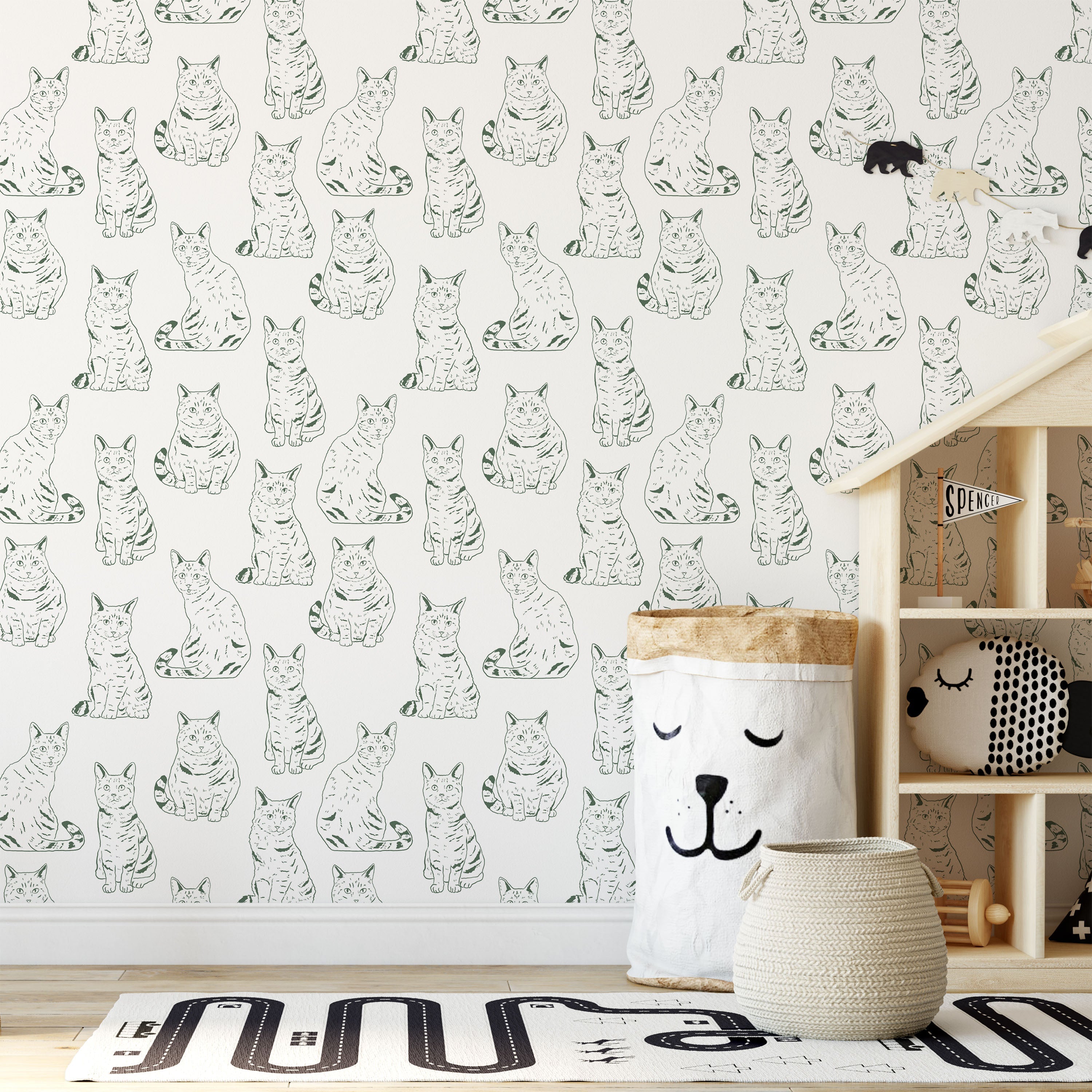 Those Cats Peel and Stick Wallpaper, Removable Wallpaper, Traditional Wallpaper - Green | DeccoPrint