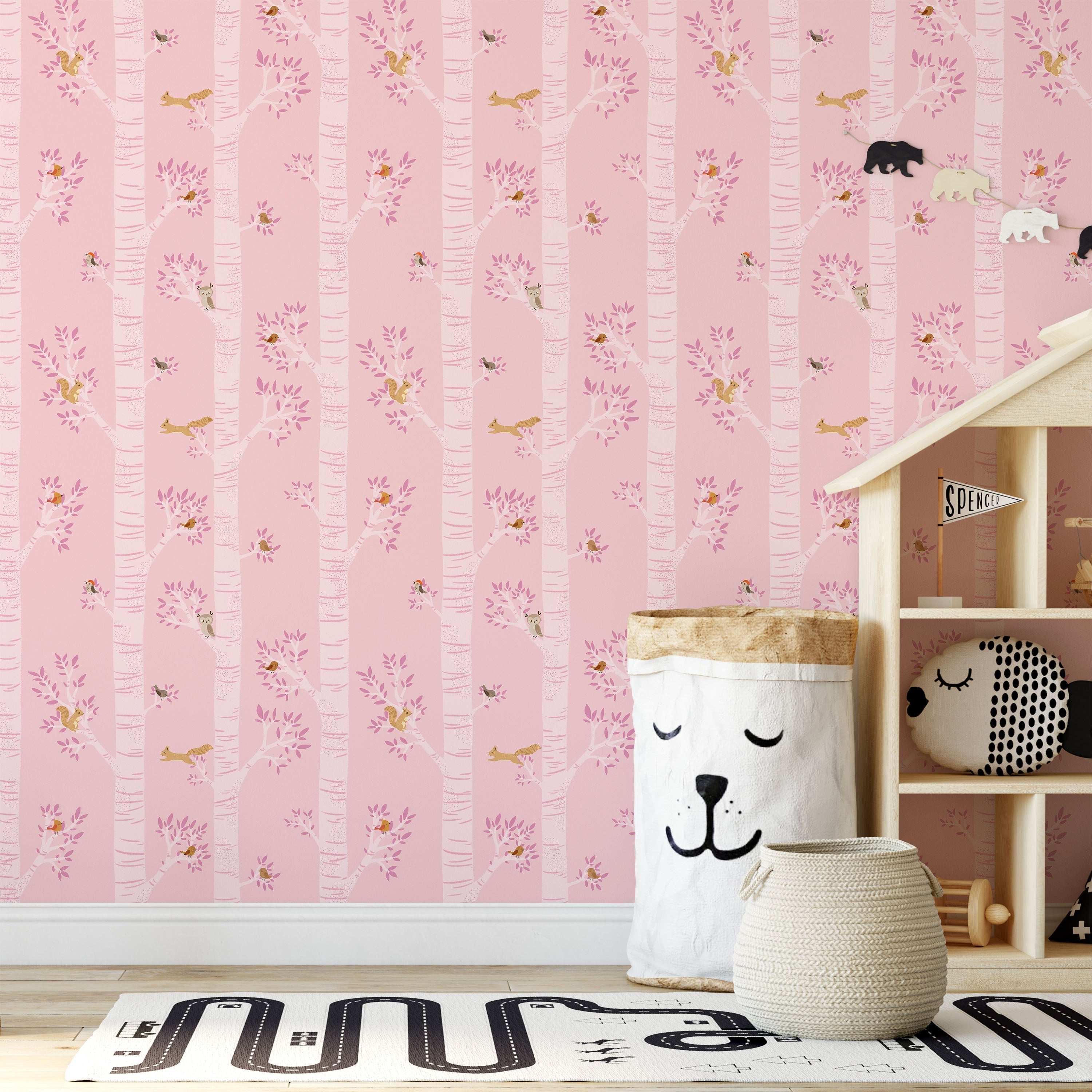Treetop Tales Peel and Stick Wallpaper, Removable Wallpaper, Traditional Wallpaper - Bubblegum Pink | DeccoPrint