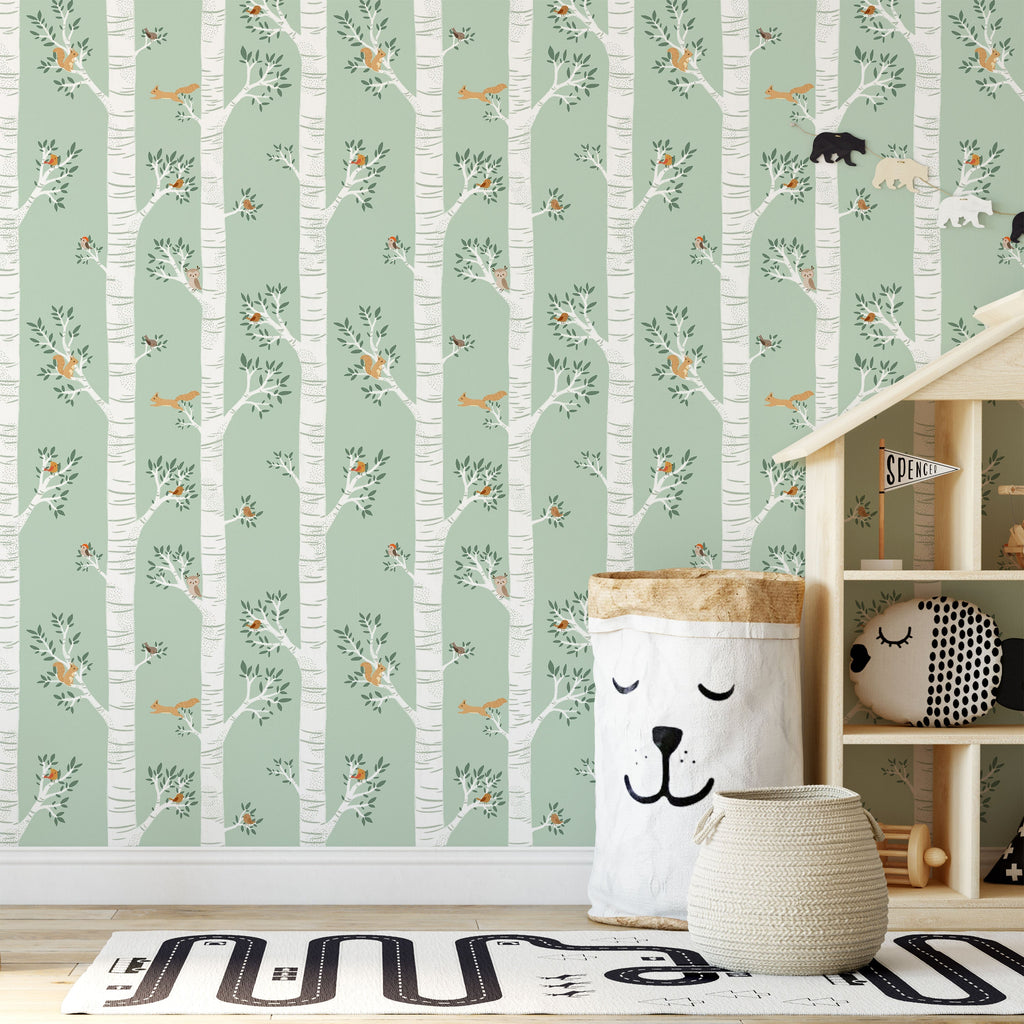 Treetop Tales Peel and Stick Wallpaper, Removable Wallpaper, Traditional Wallpaper - Sage Green | DeccoPrint
