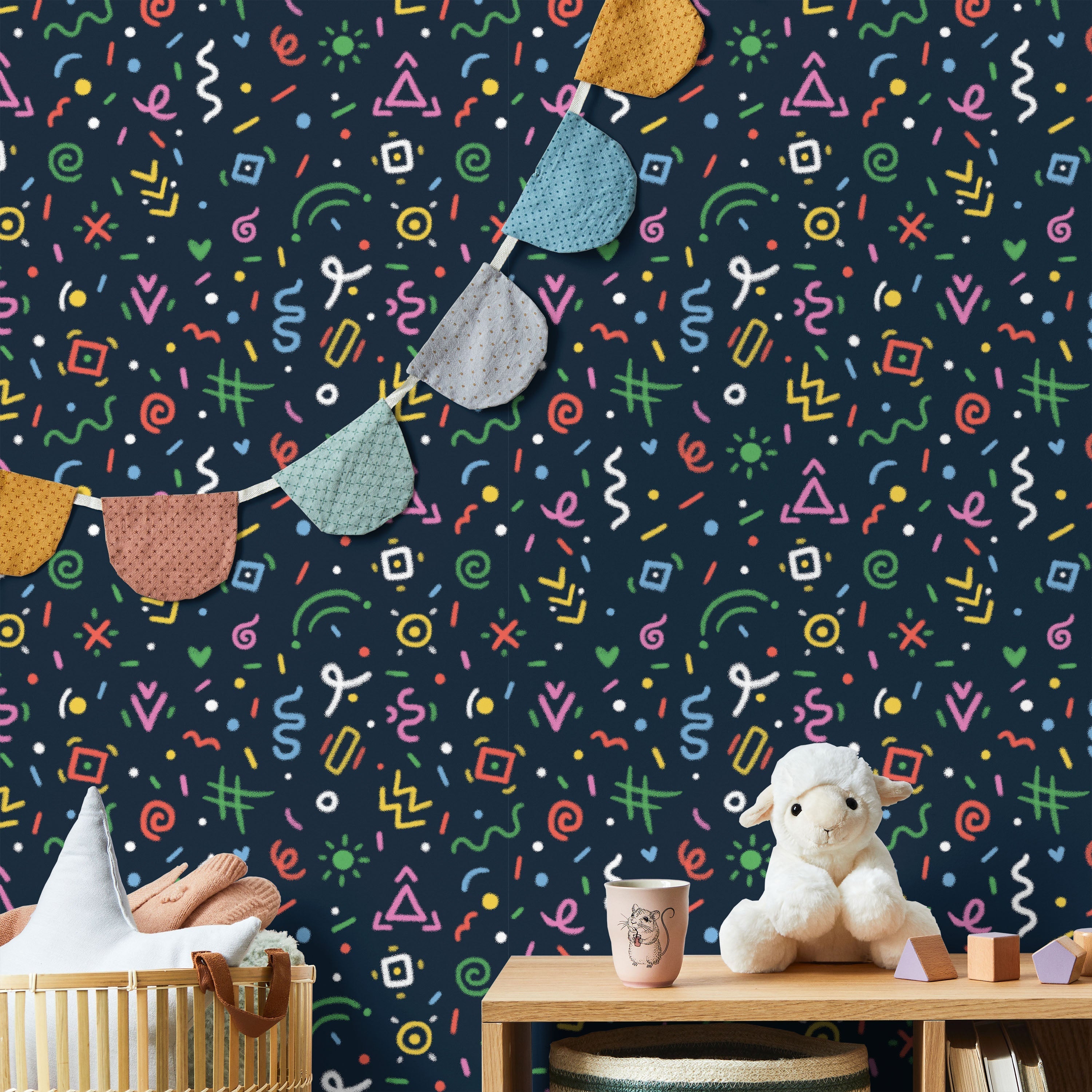 Chalk Doodles Peel and Stick Wallpaper, Removable Wallpaper, Traditional Wallpaper - Navy Blue | DeccoPrint