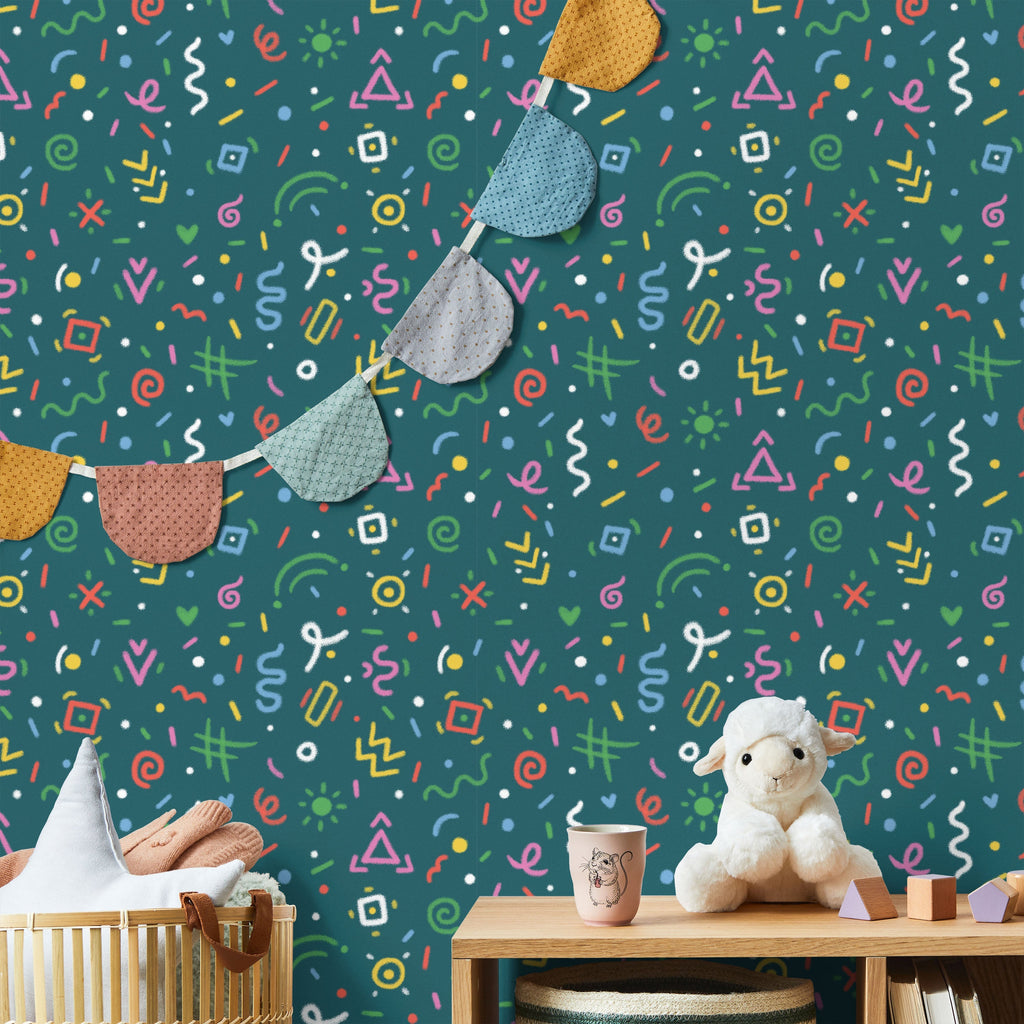 Chalk Doodles Peel and Stick Wallpaper, Removable Wallpaper, Traditional Wallpaper - Dark Teal | DeccoPrint